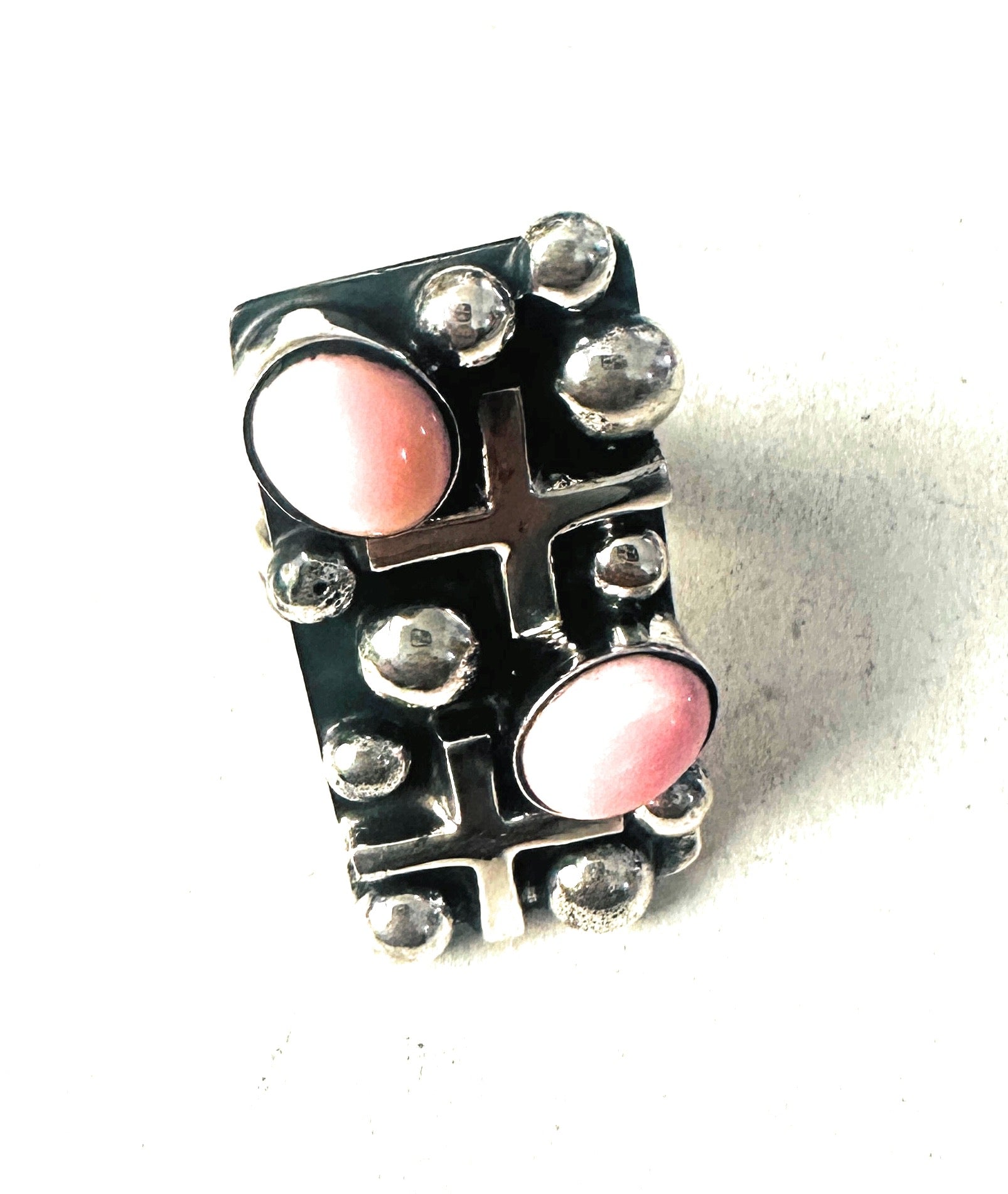 Navajo Queen Pink Conch & Sterling Silver Cross Ring Size 8 by Chimney Butte