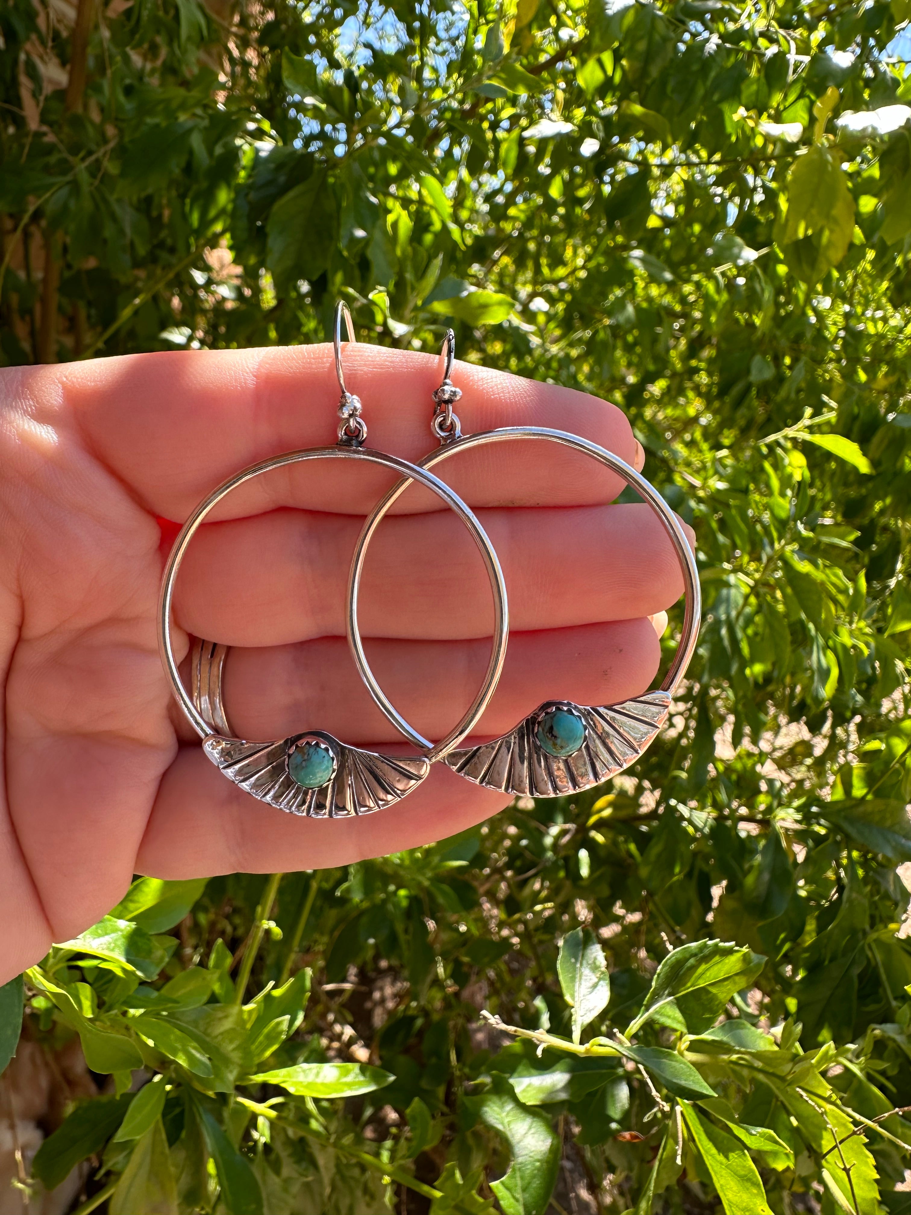 Handmade Turquoise & Sterling Silver Hoop Earrings Signed Nizhoni