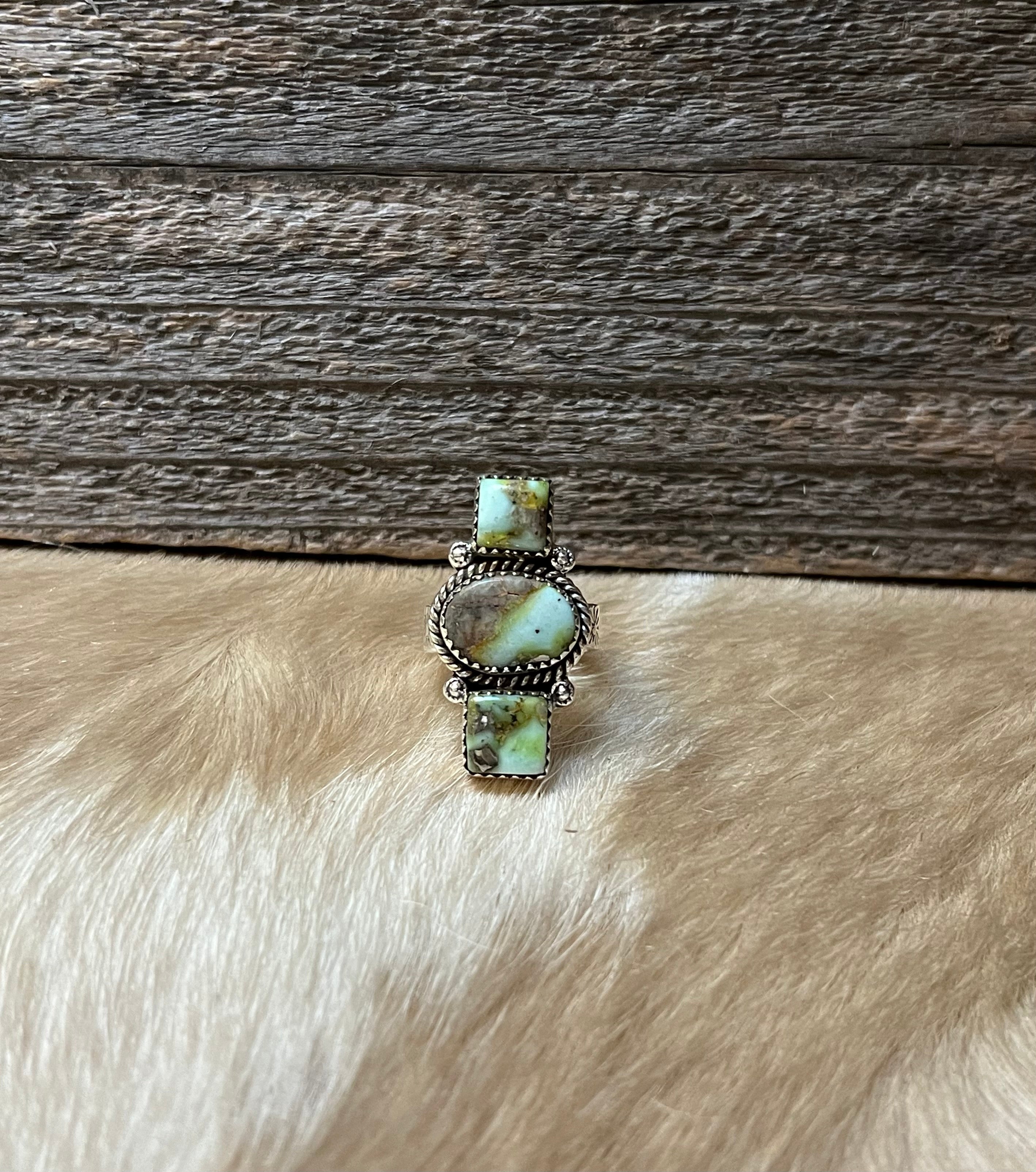 Handmade 3 Stone Palomino Turquoise & Sterling Silver Adjustable Ring