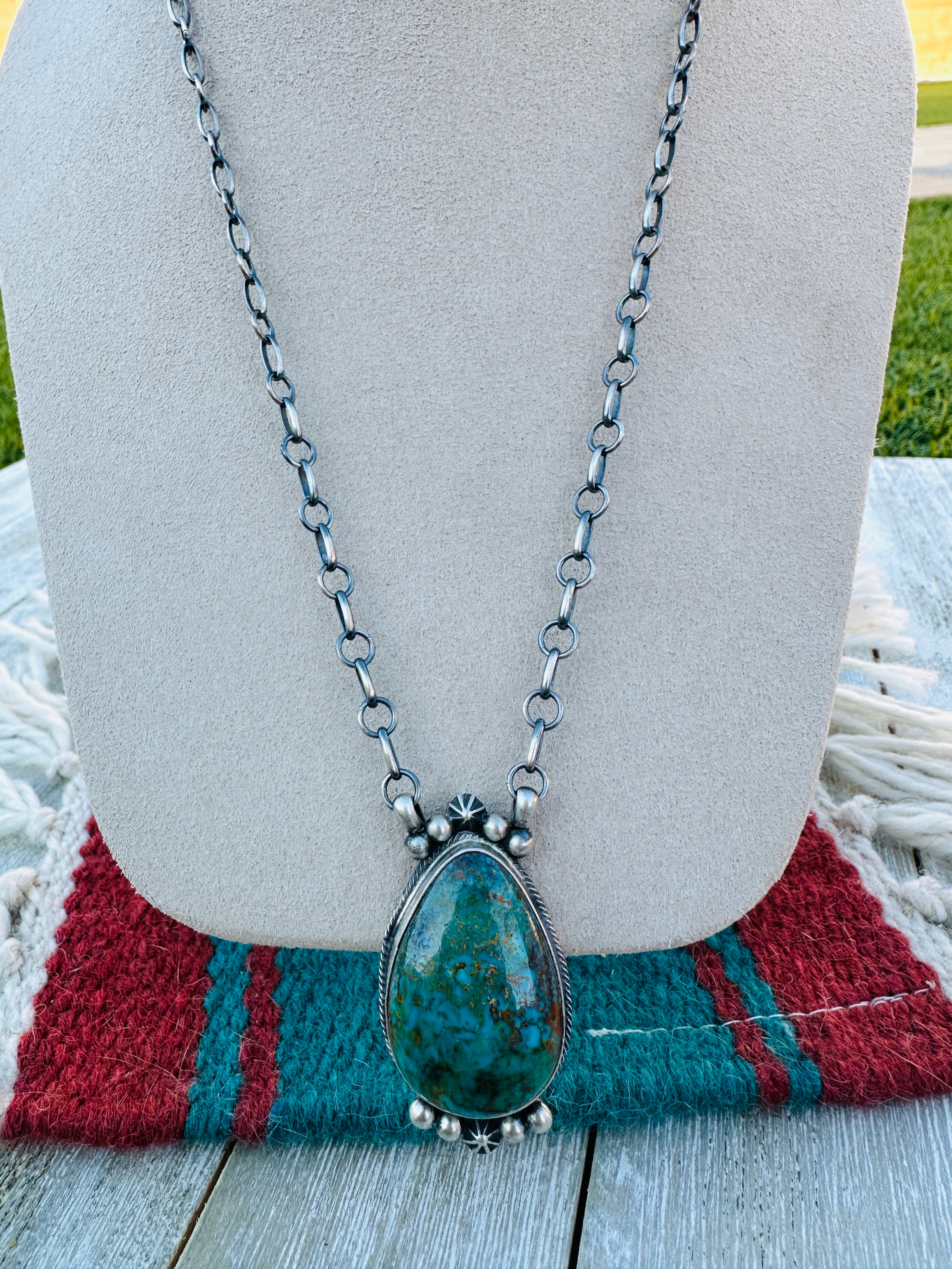 Handcrafted Sterling Silver 18” Link Chain & Turquoise Necklace