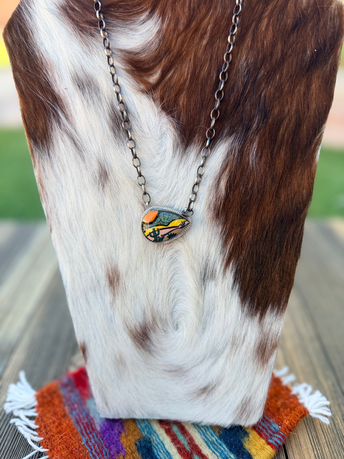 Handmade Sterling Silver & Jasper Painted Cactus Necklace