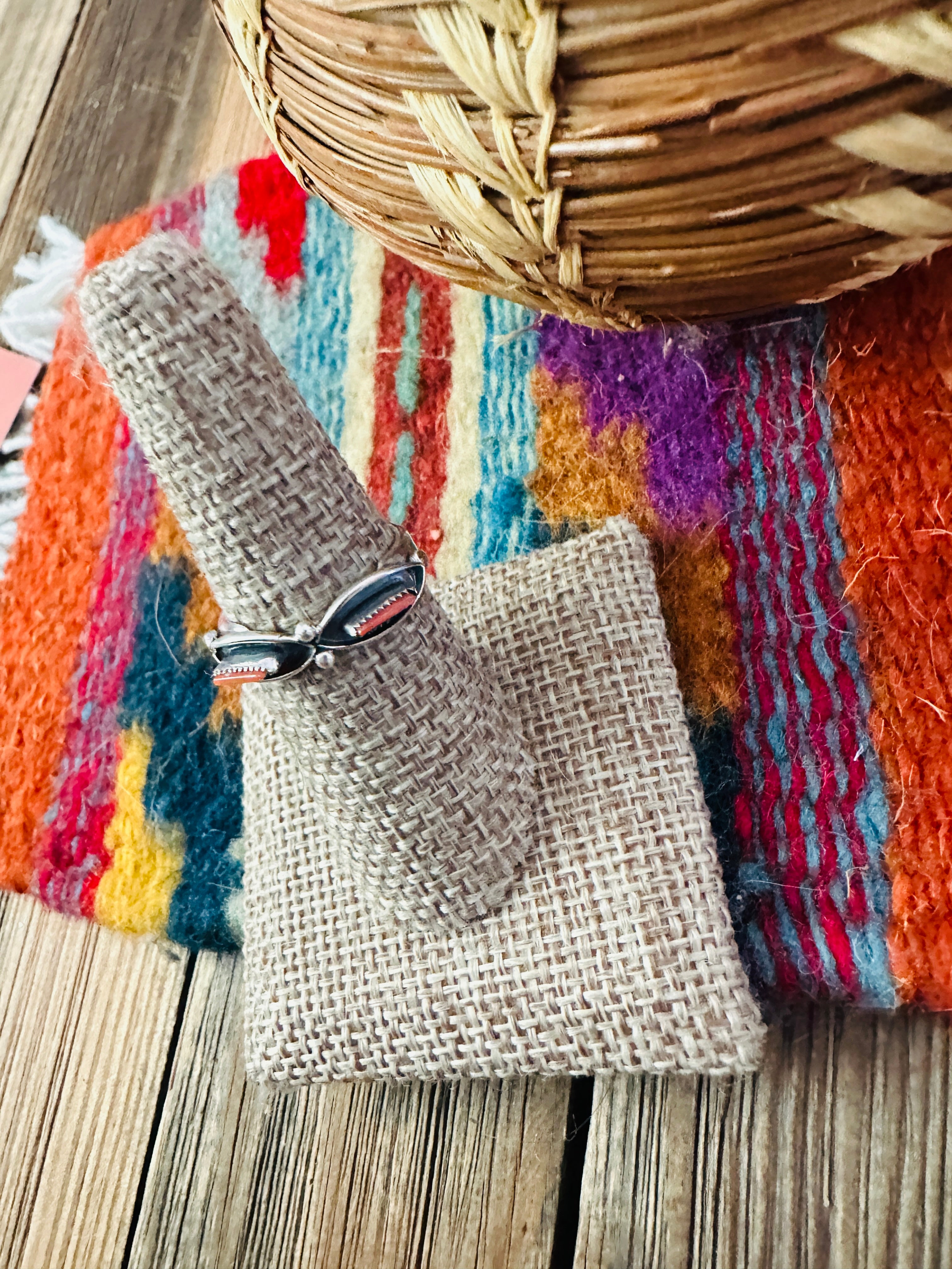 Handcrafted Coral & Sterling Silver Band Ring Size 7.5