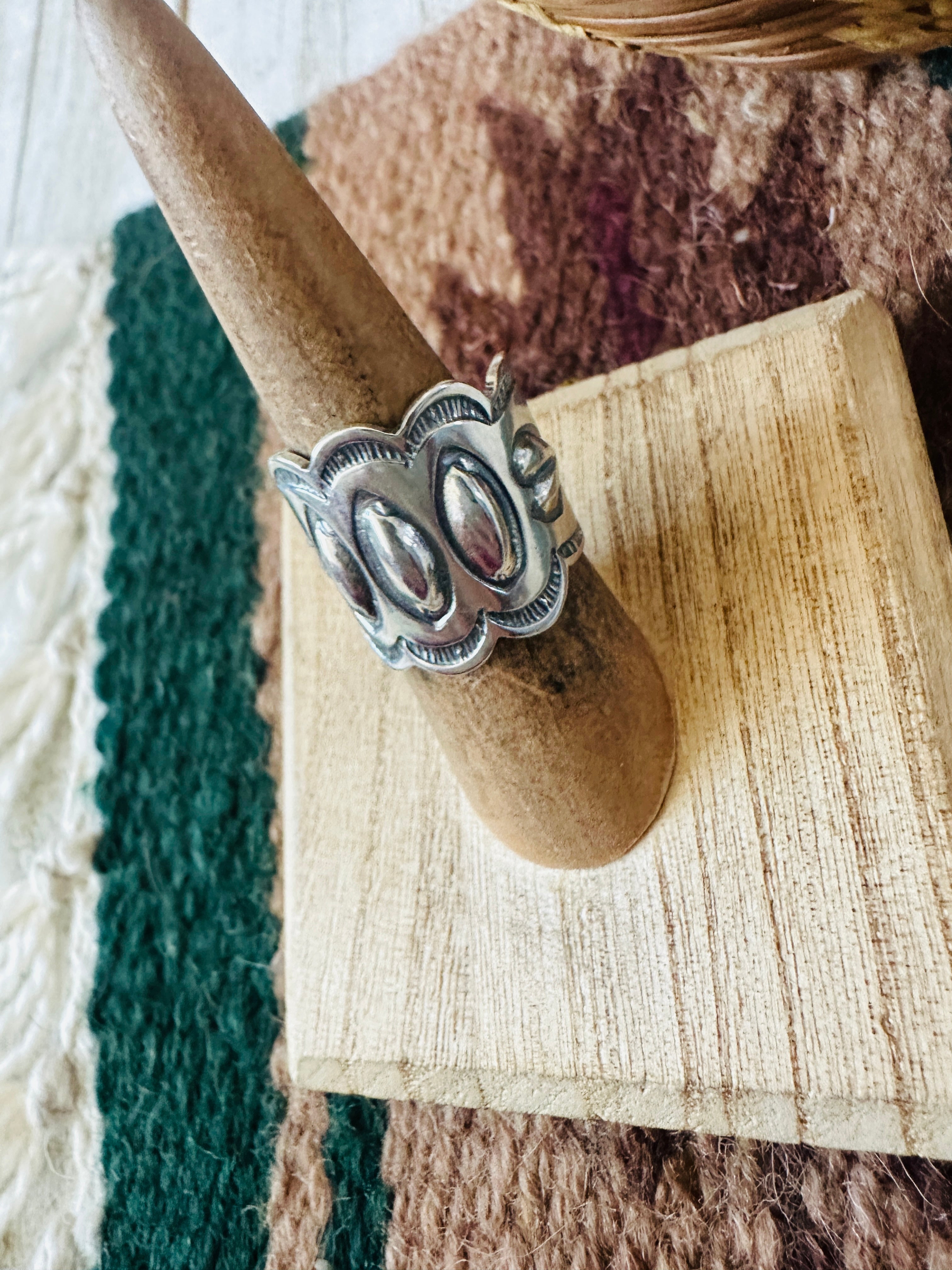 Navajo Hand Stamped Sterling Silver Concho Band Ring Size 6.5