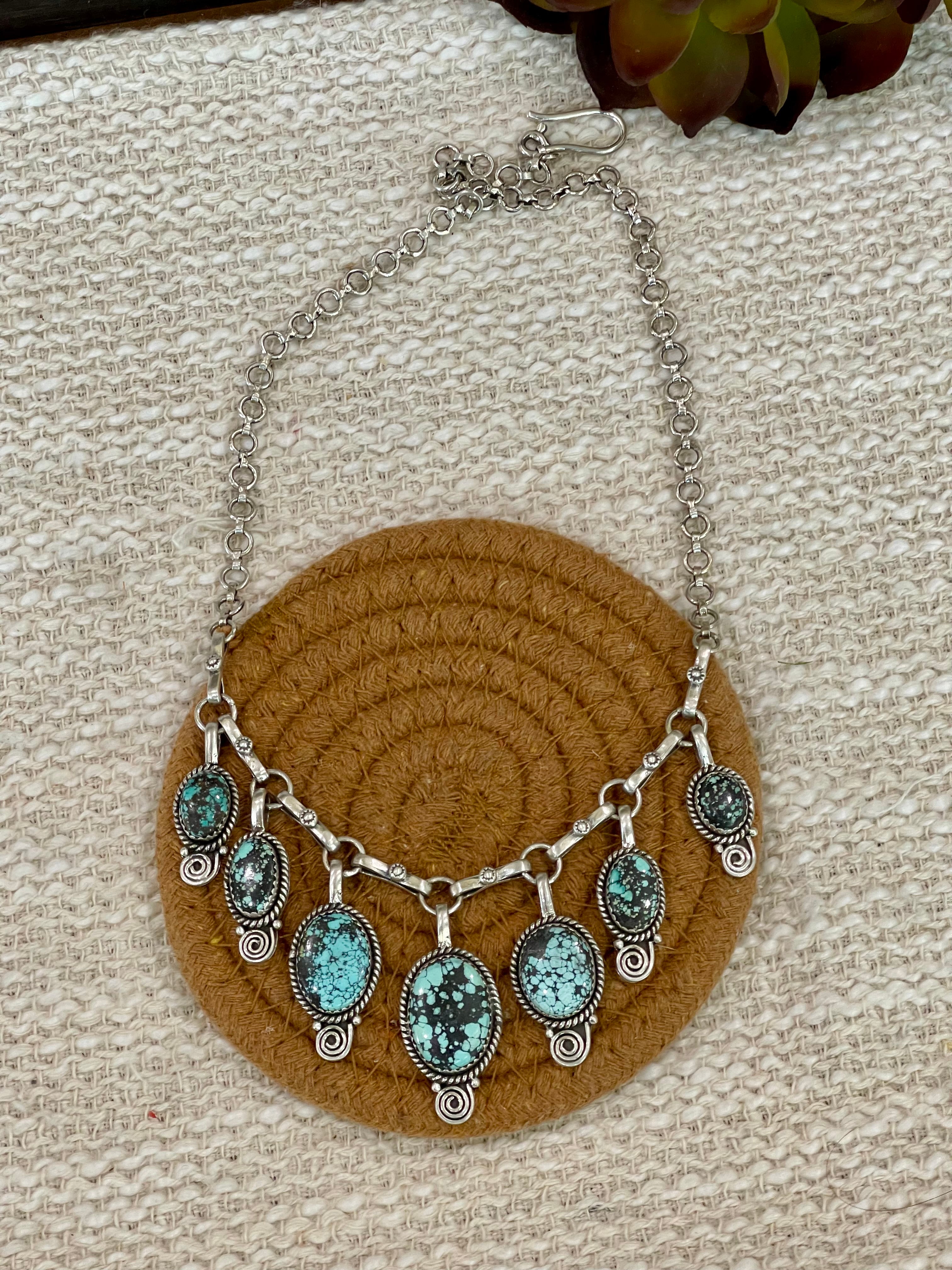 Handmade Sterling Silver Number 8 Turquoise Necklace with Signed Nizhoni