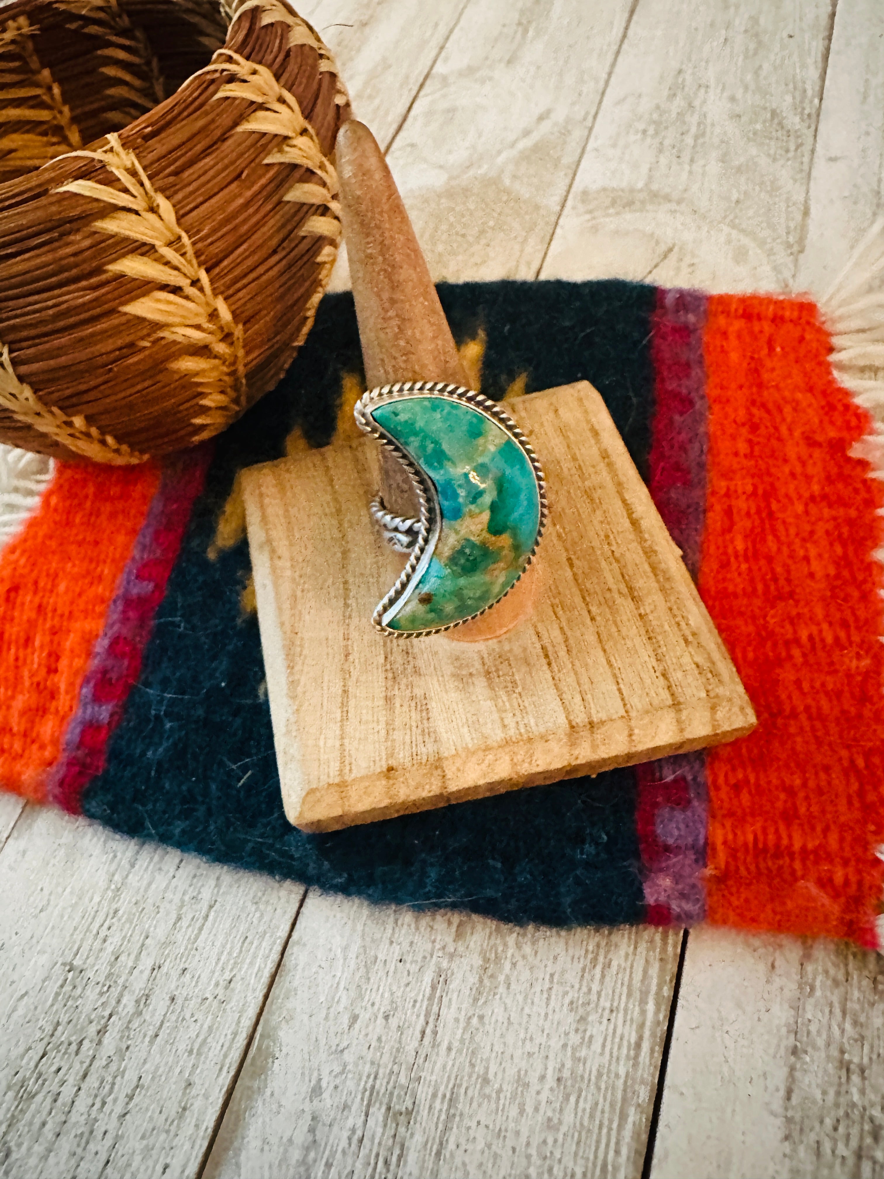 Navajo Turquoise & Sterling Silver Adjustable Moon Ring by Russell Sam