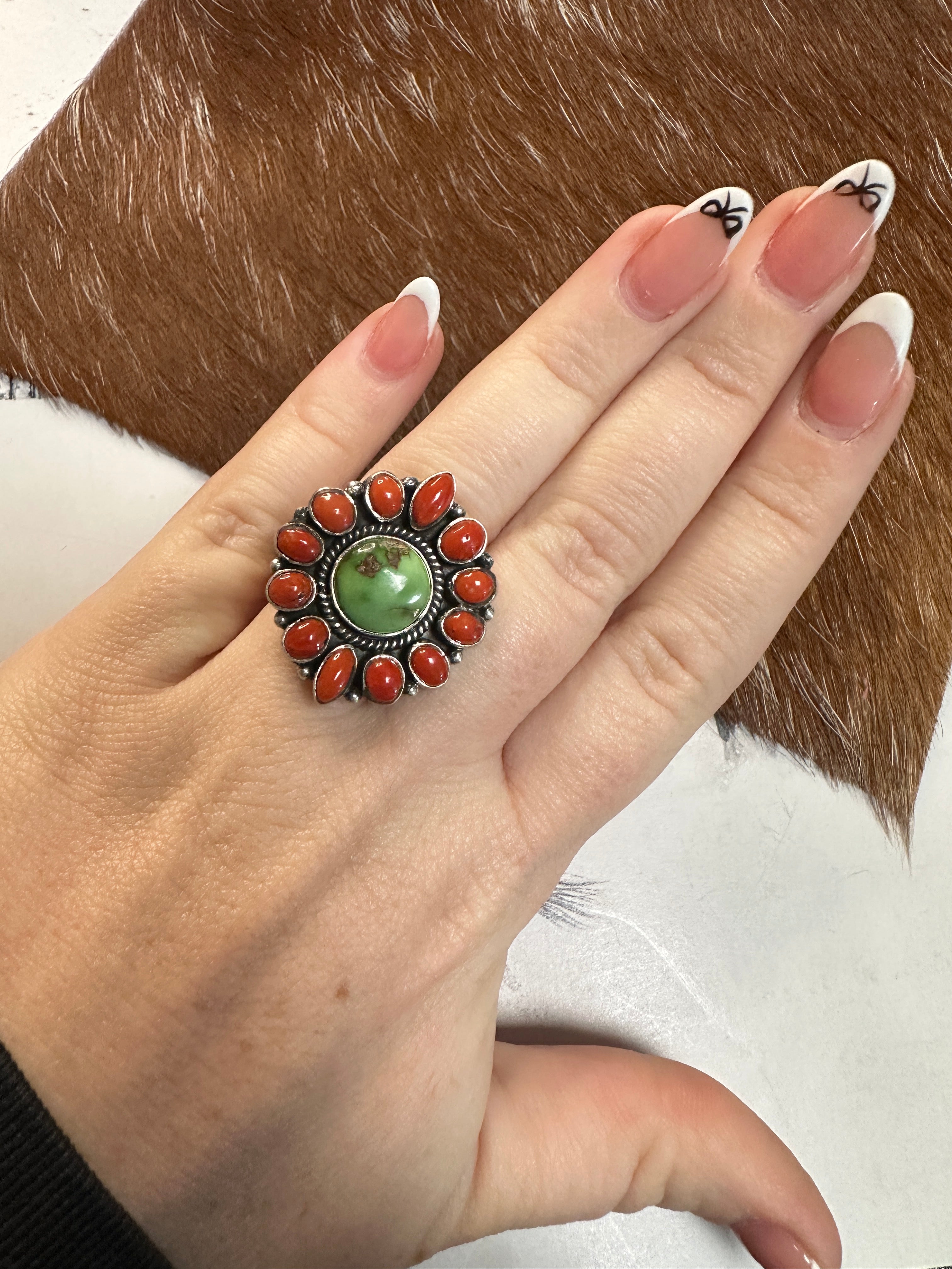 Beautiful Handmade Coral, Sonoran Turquoise And Sterling Silver Adjustable Cluster Ring