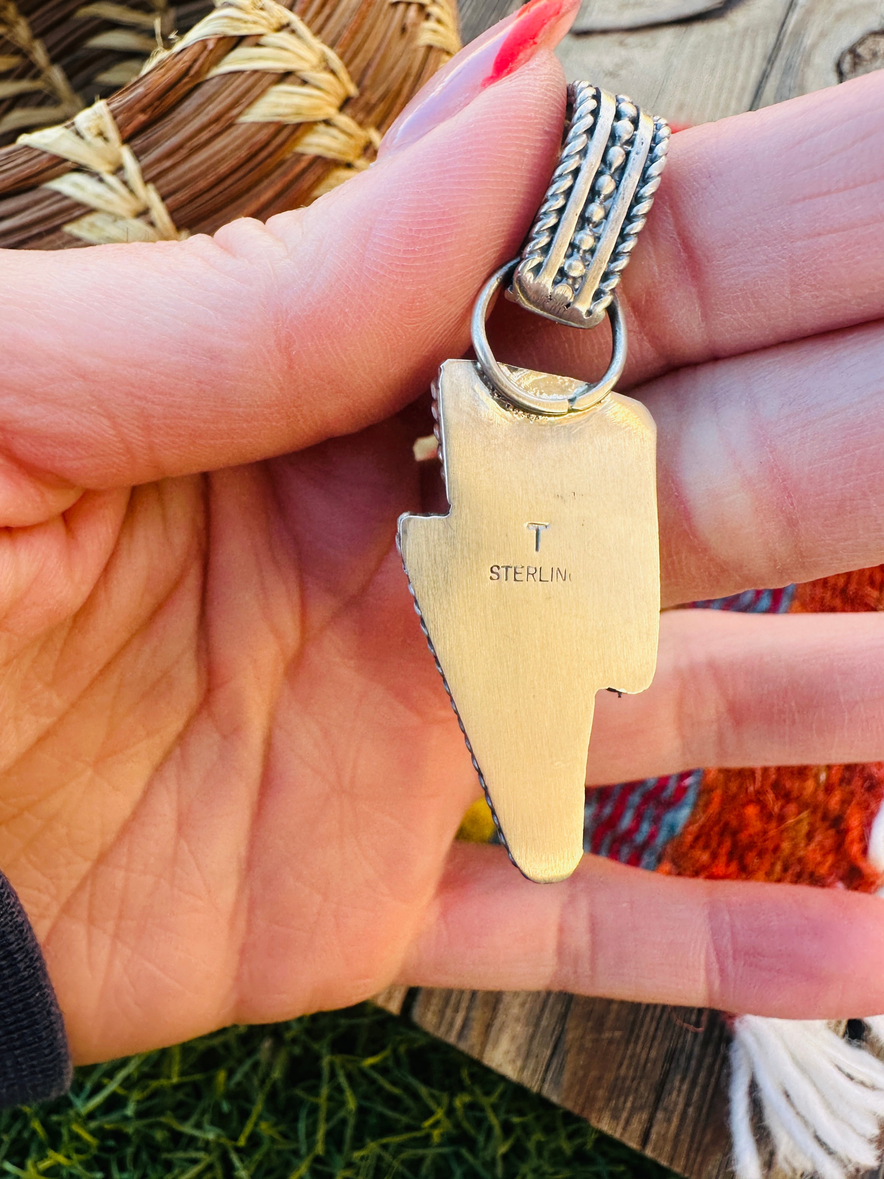 Handcrafted Spiny Oyster & Sterling Silver Lightning Bolt Pendant by Tatum Skeets