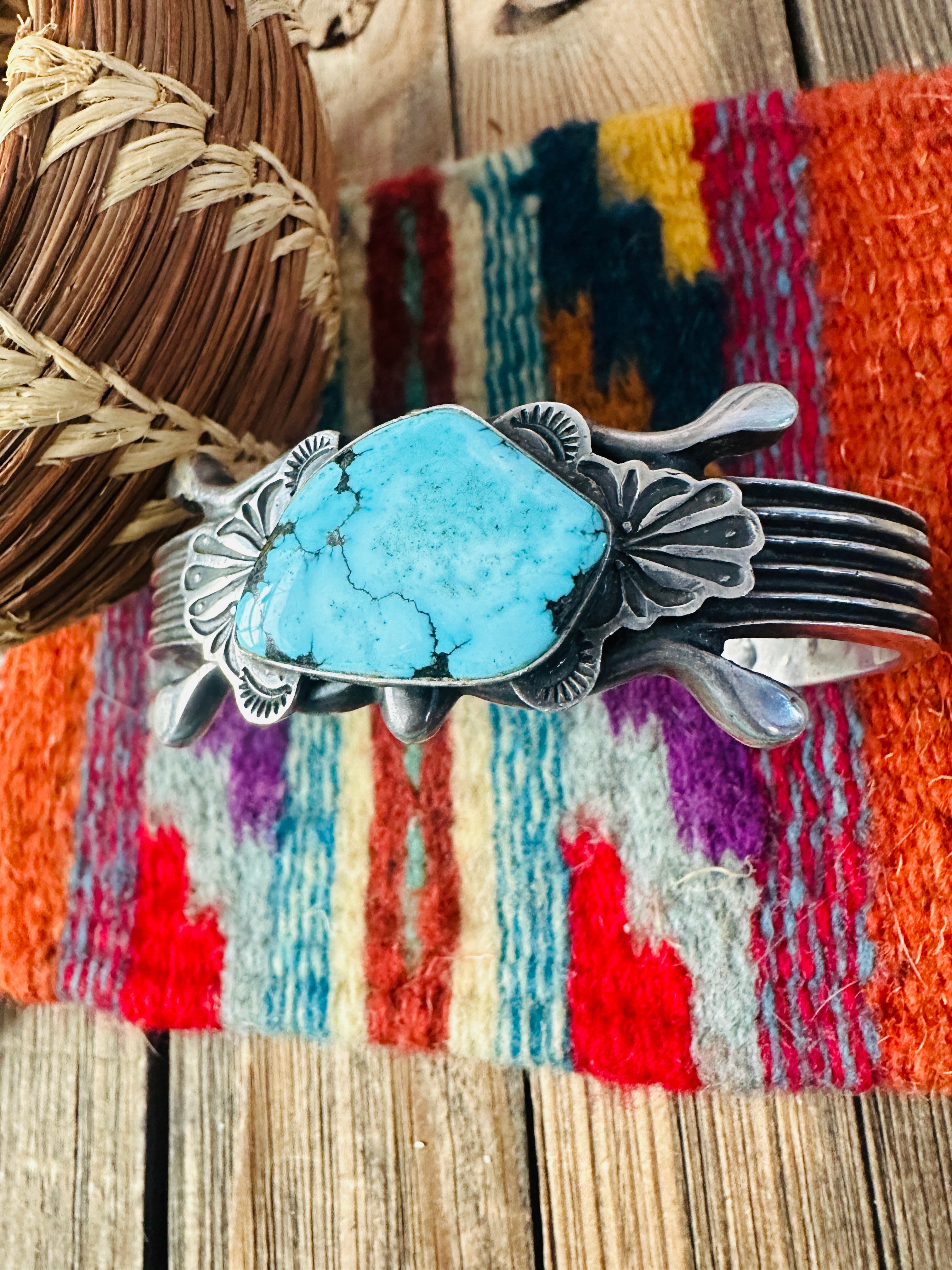 Handcrafted Old Pawn Turquoise & Sterling Silver Cuff Bracelet by Harold Becenti