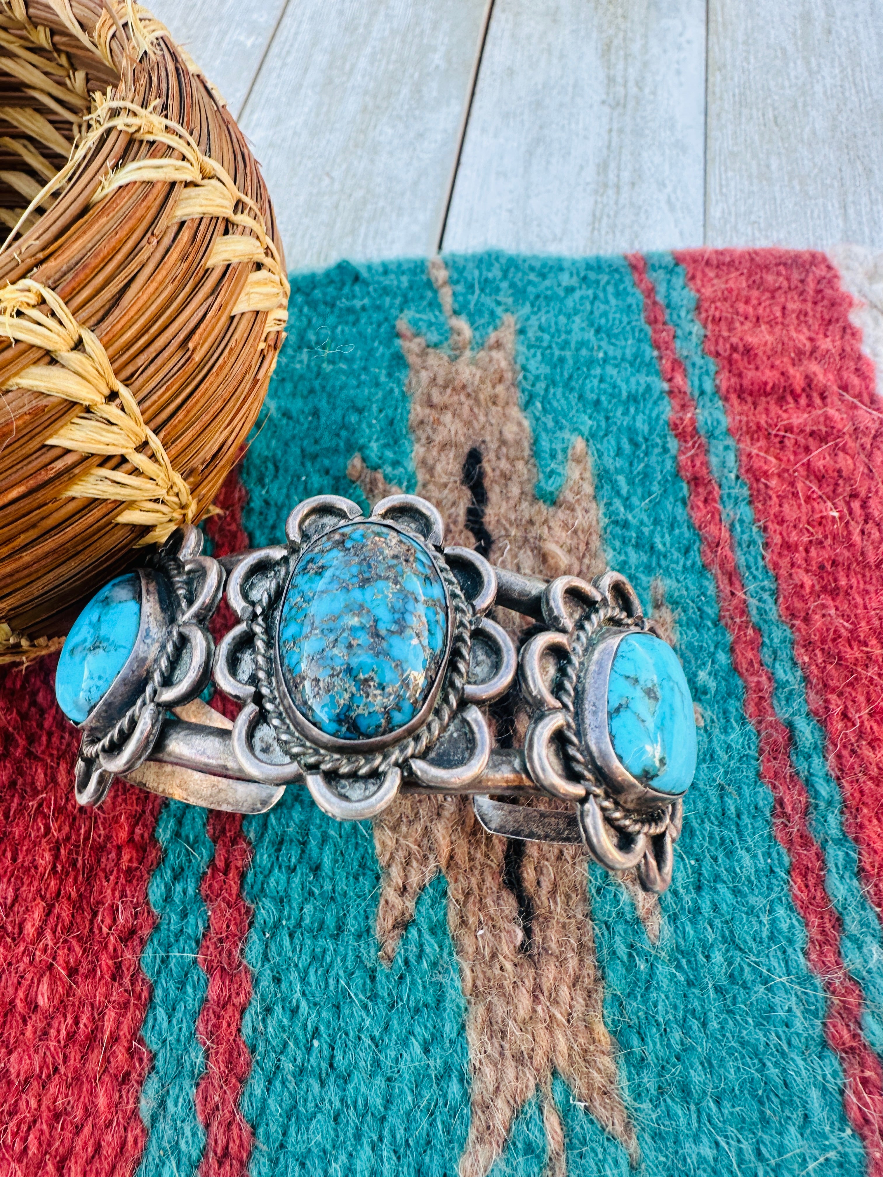 Handcrafted Old Pawn Sterling Silver & Kingman Turquoise Cuff Bracelet