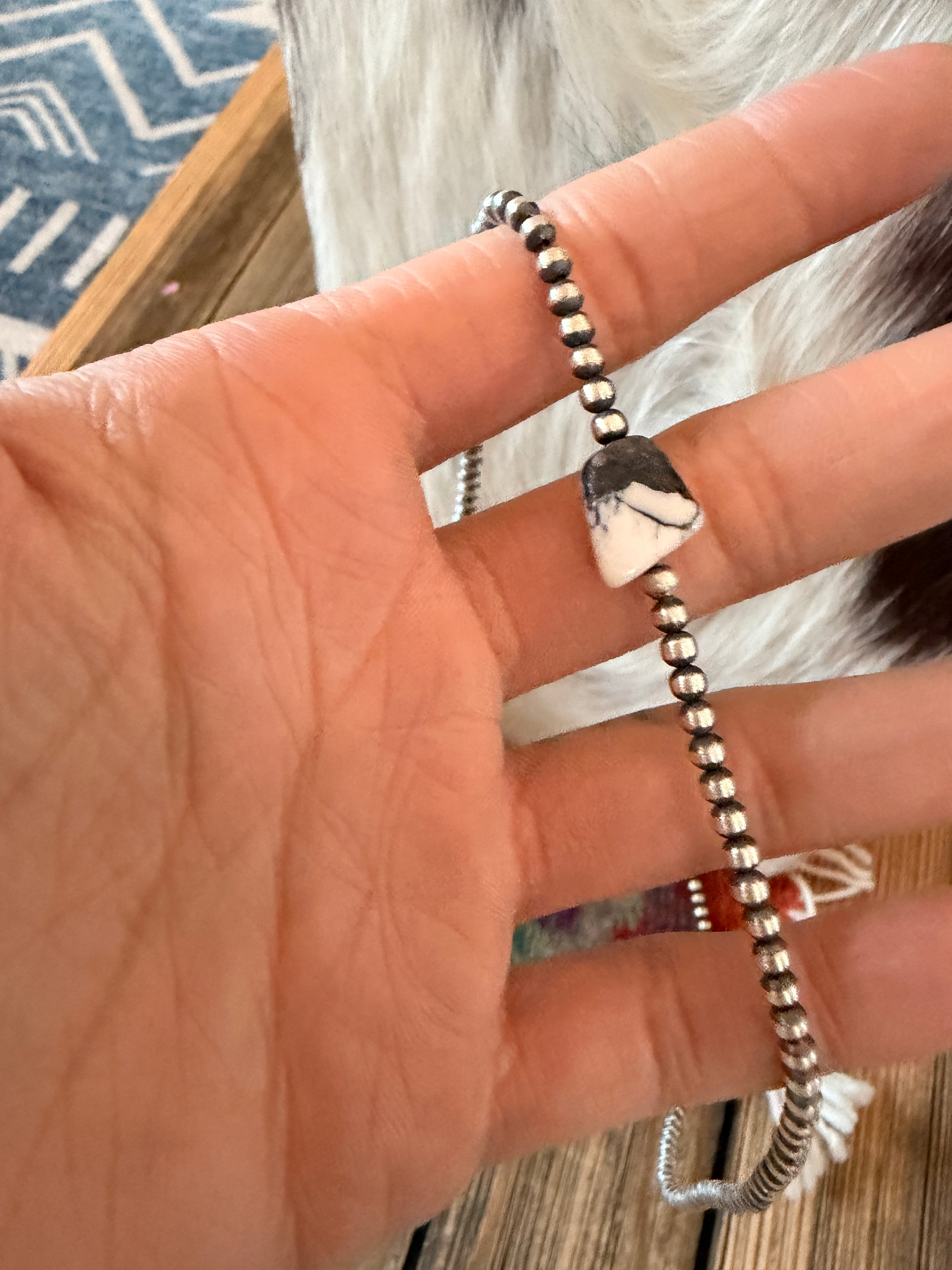 Handcrafted White Buffalo & 3mm Sterling Silver Pearl Beaded Necklace