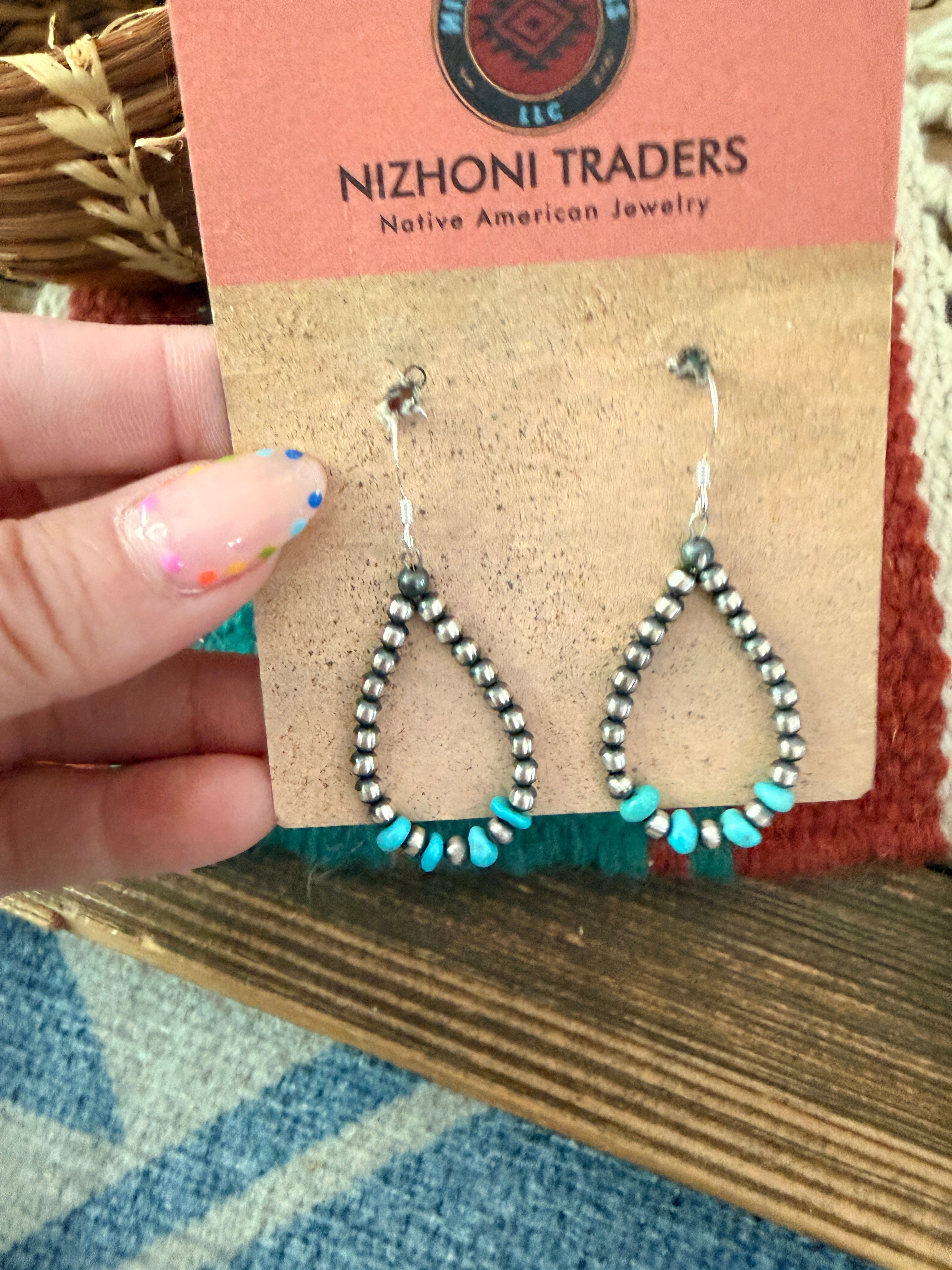 Handcrafted Sterling Silver Pearl & Turquoise Dangle Hoop Earrings