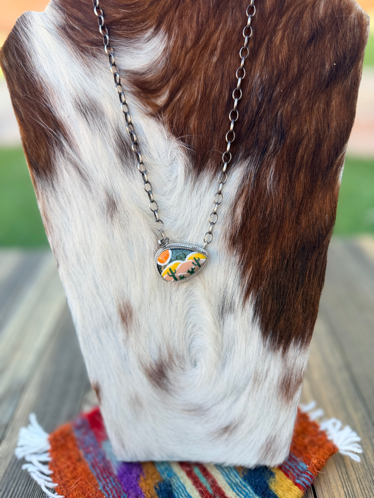 Handmade Sterling Silver & Jasper Painted Cactus Necklace