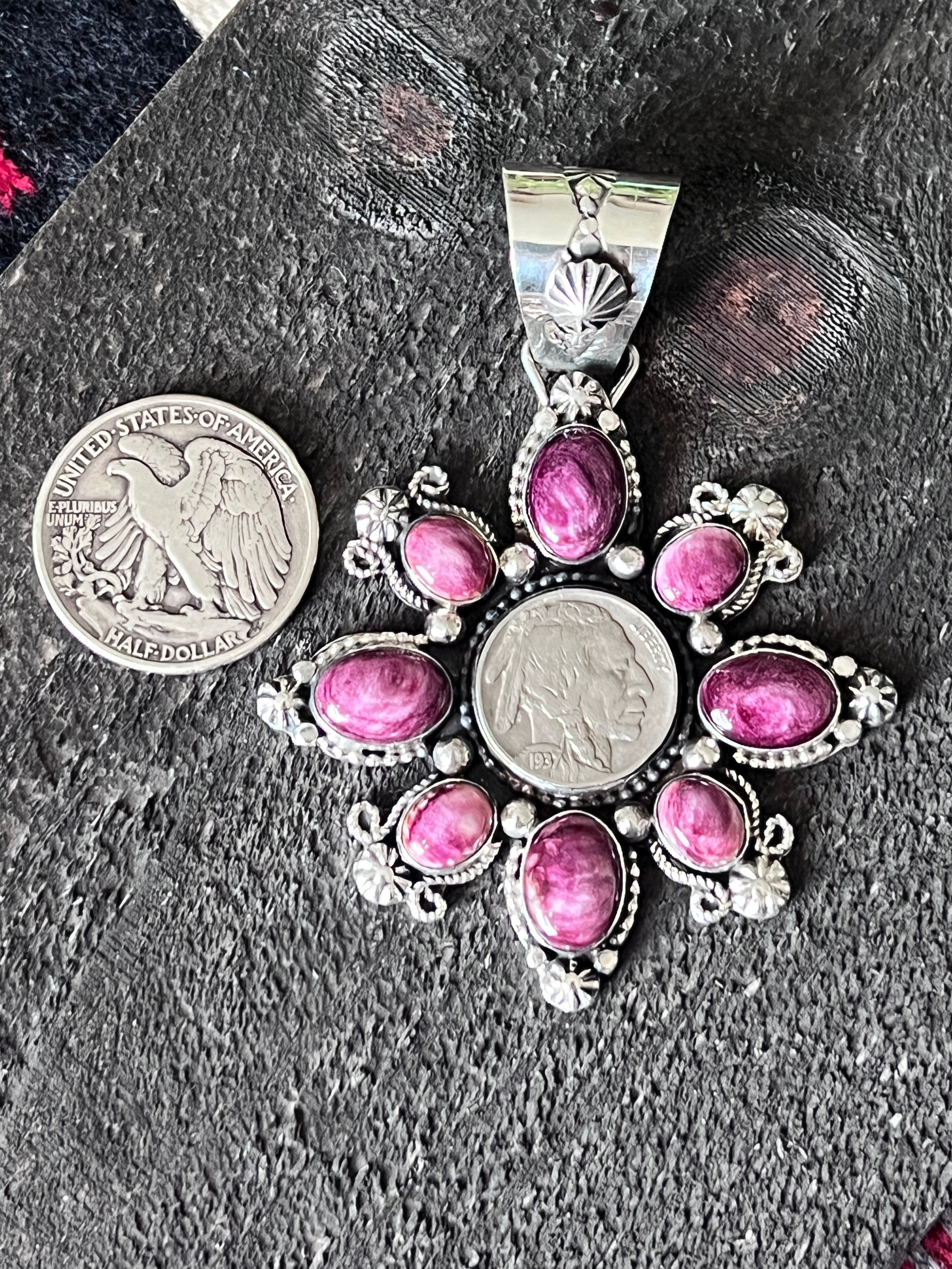 Sterling Silver, Indian Head Nickel and Purple Spiny Oyster Shell Cluster Pendant by Rosella Paxson