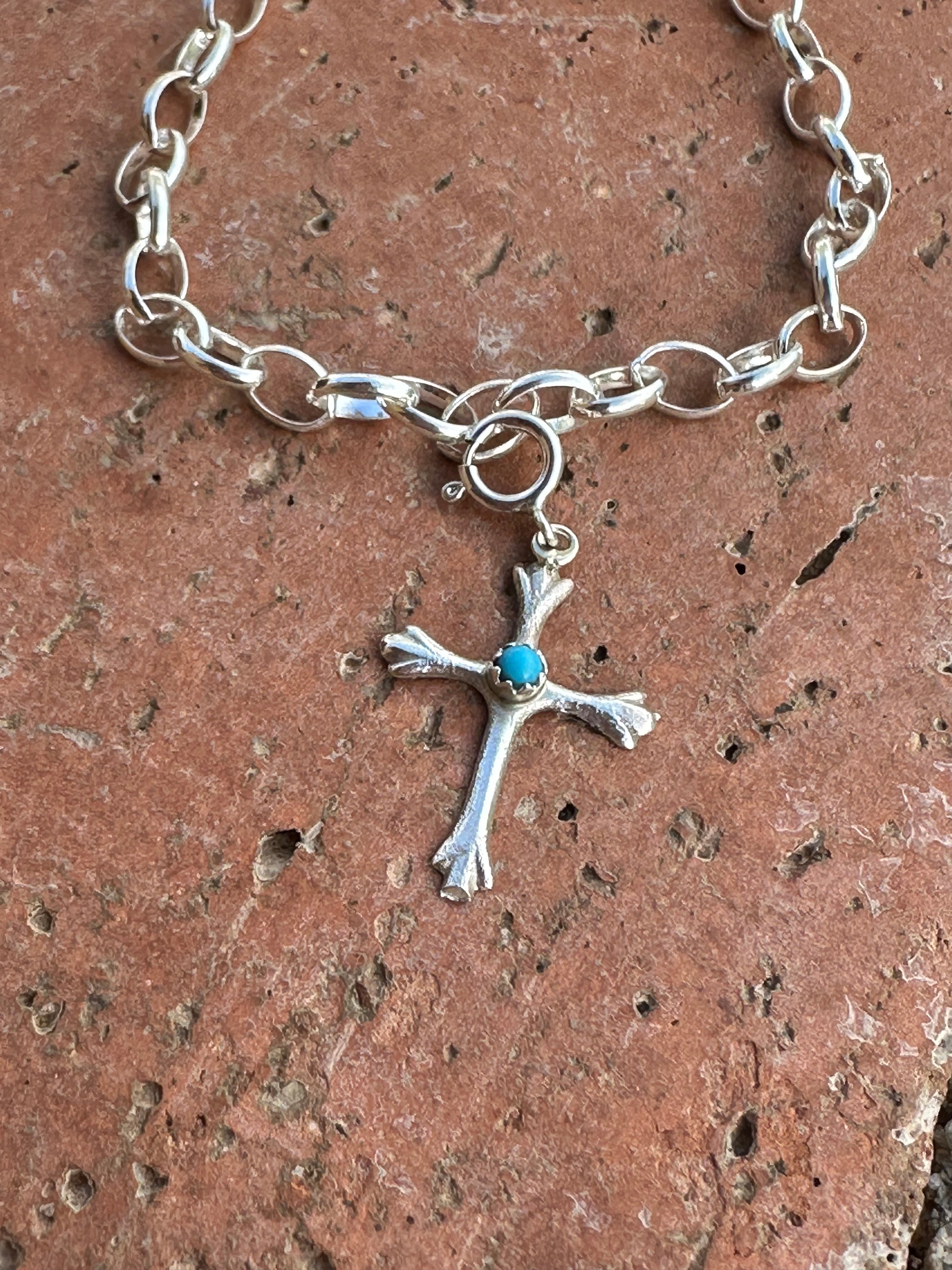 Navajo Crafted Sterling Silver and Turquoise Hand Stamped Cross Charm