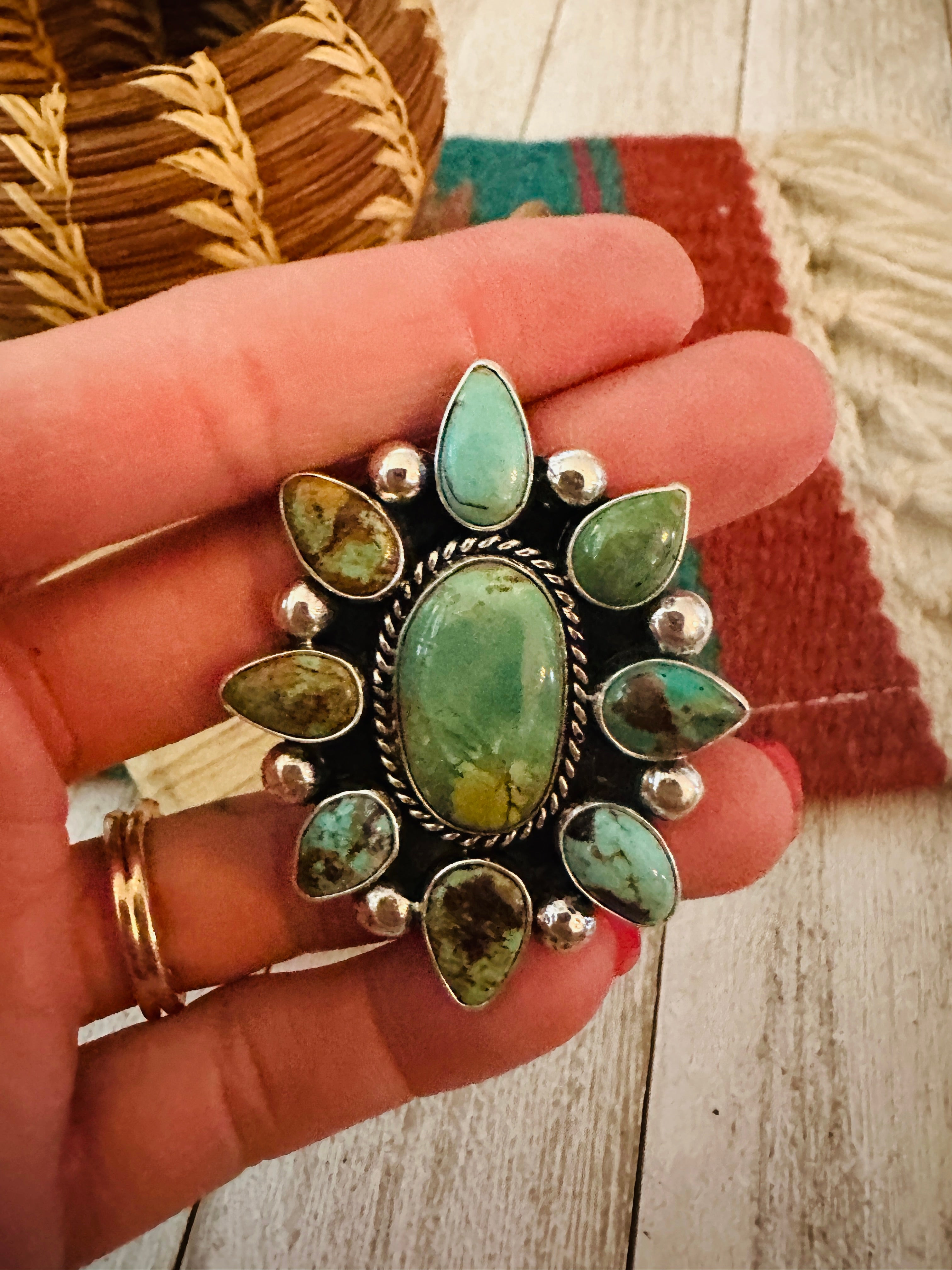 Navajo Sterling Silver & Royston Turquoise Cluster Adjustable Ring