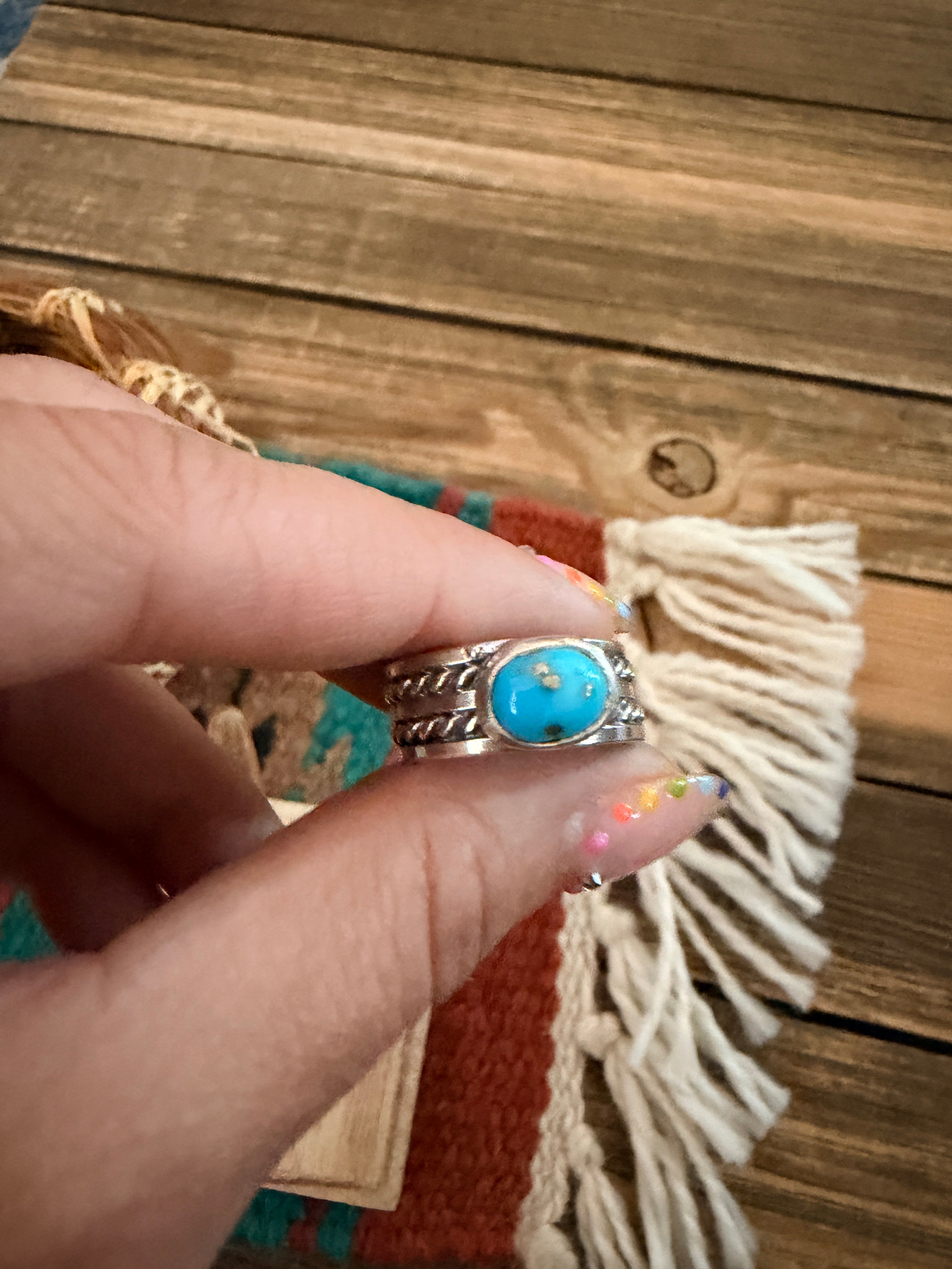 Handcrafted Turquoise & Sterling Silver Band Ring Size 6