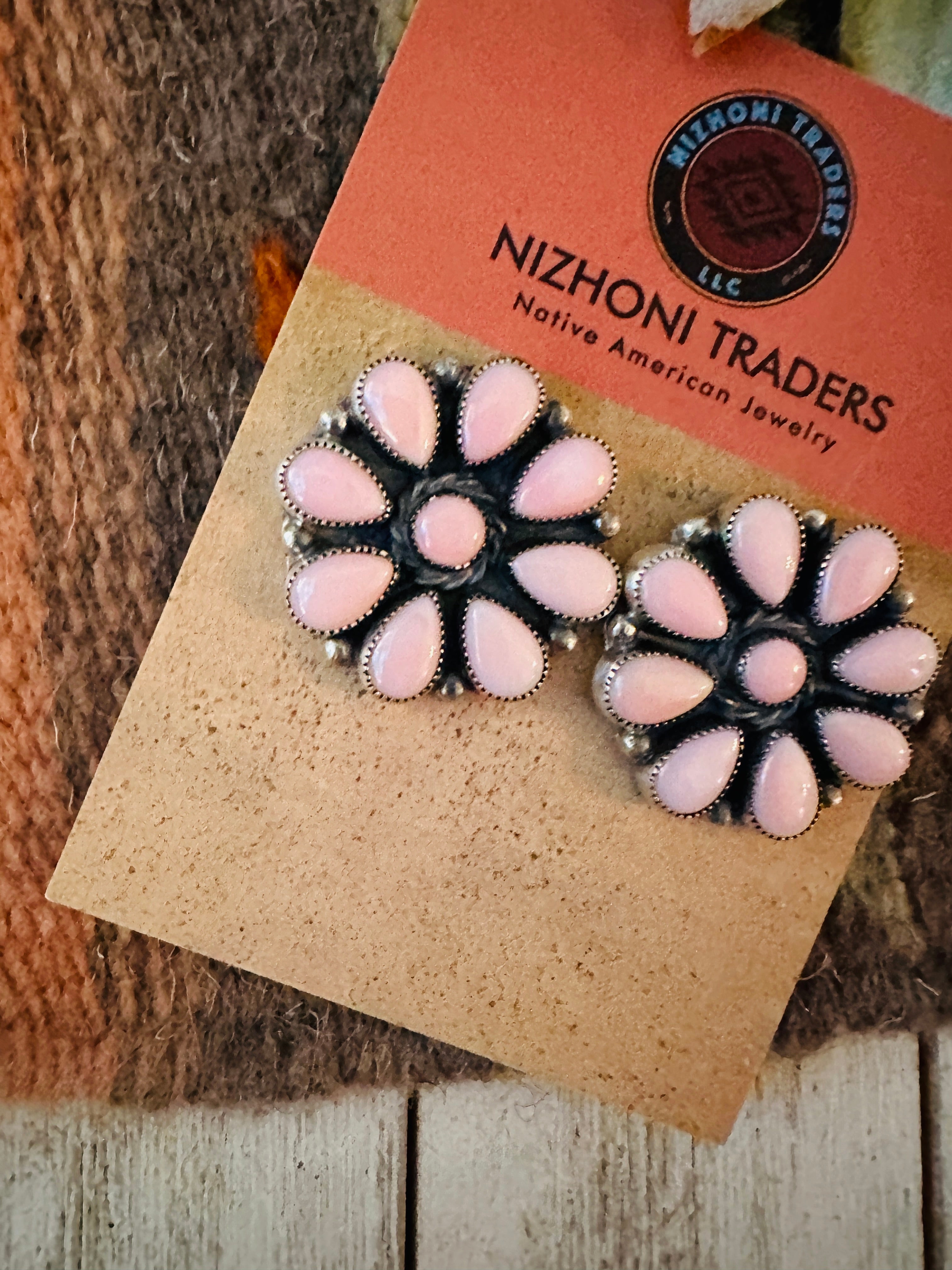 Navajo Queen Pink Conch & Sterling Silver Cluster Stud Earrings