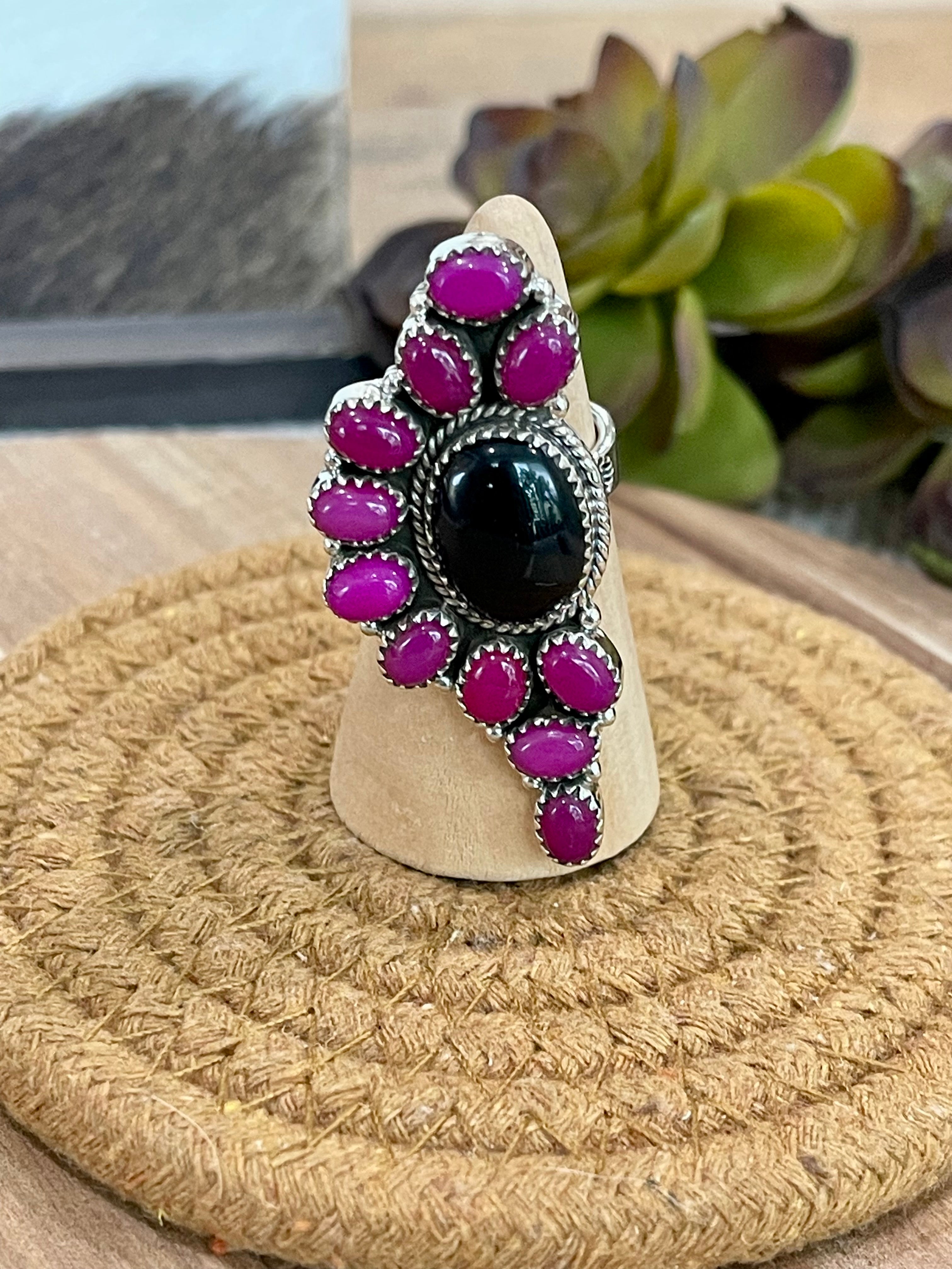 Handmade Sterling Silver, Onyx & Pink Onyx Cluster Adjustable Ring