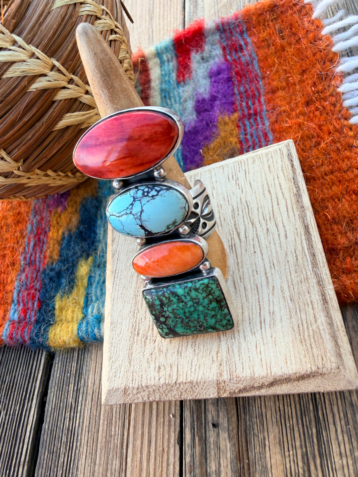 Handcrafted Spiny Oyster, Turquoise & Sterling Silver Adjustable Ring