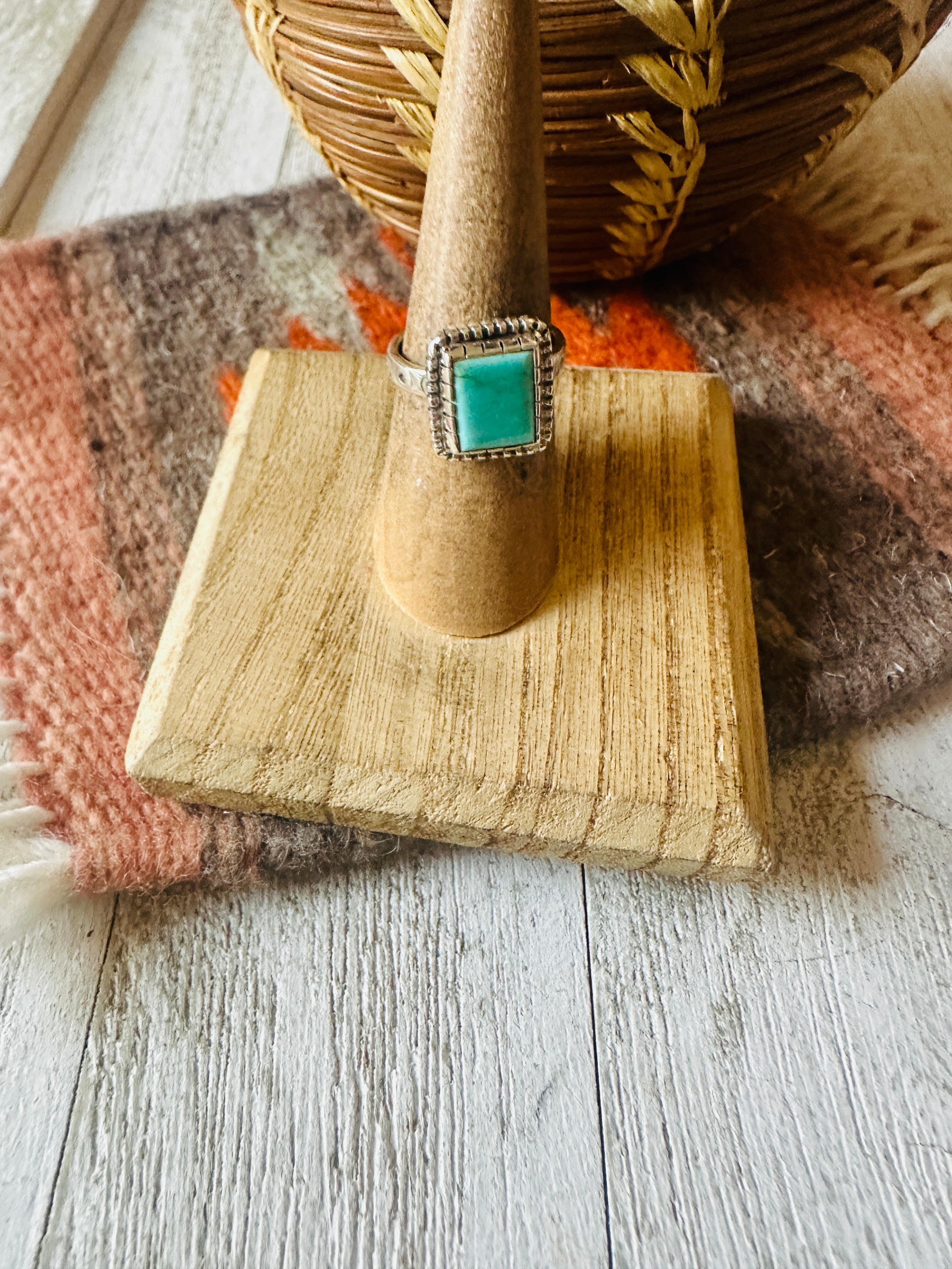 Navajo Turquoise & Sterling Silver Rectangle Ring Size 6