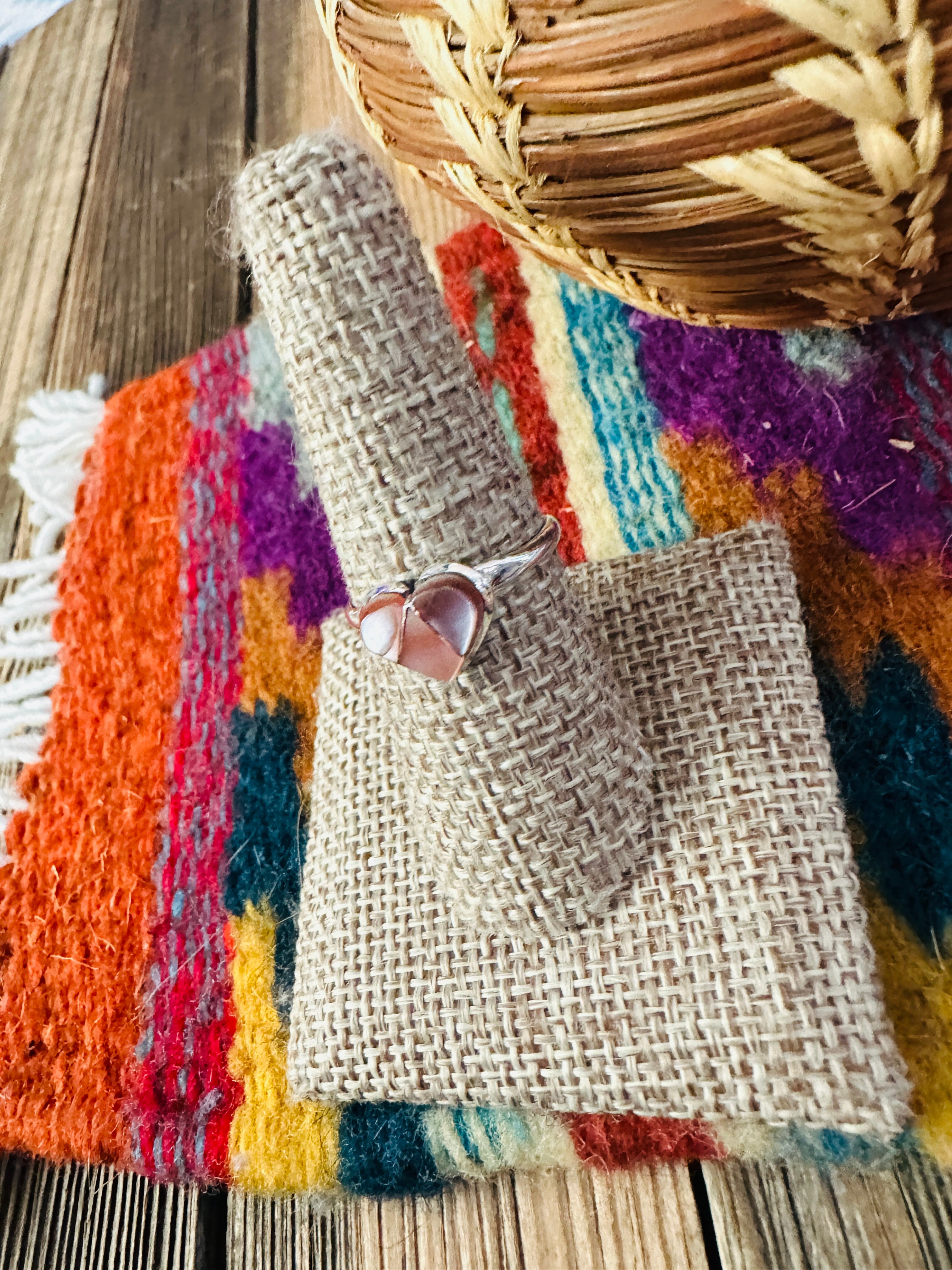 Handcrafted Mother of Pearl & Sterling Silver Inlay Heart Ring Size 8