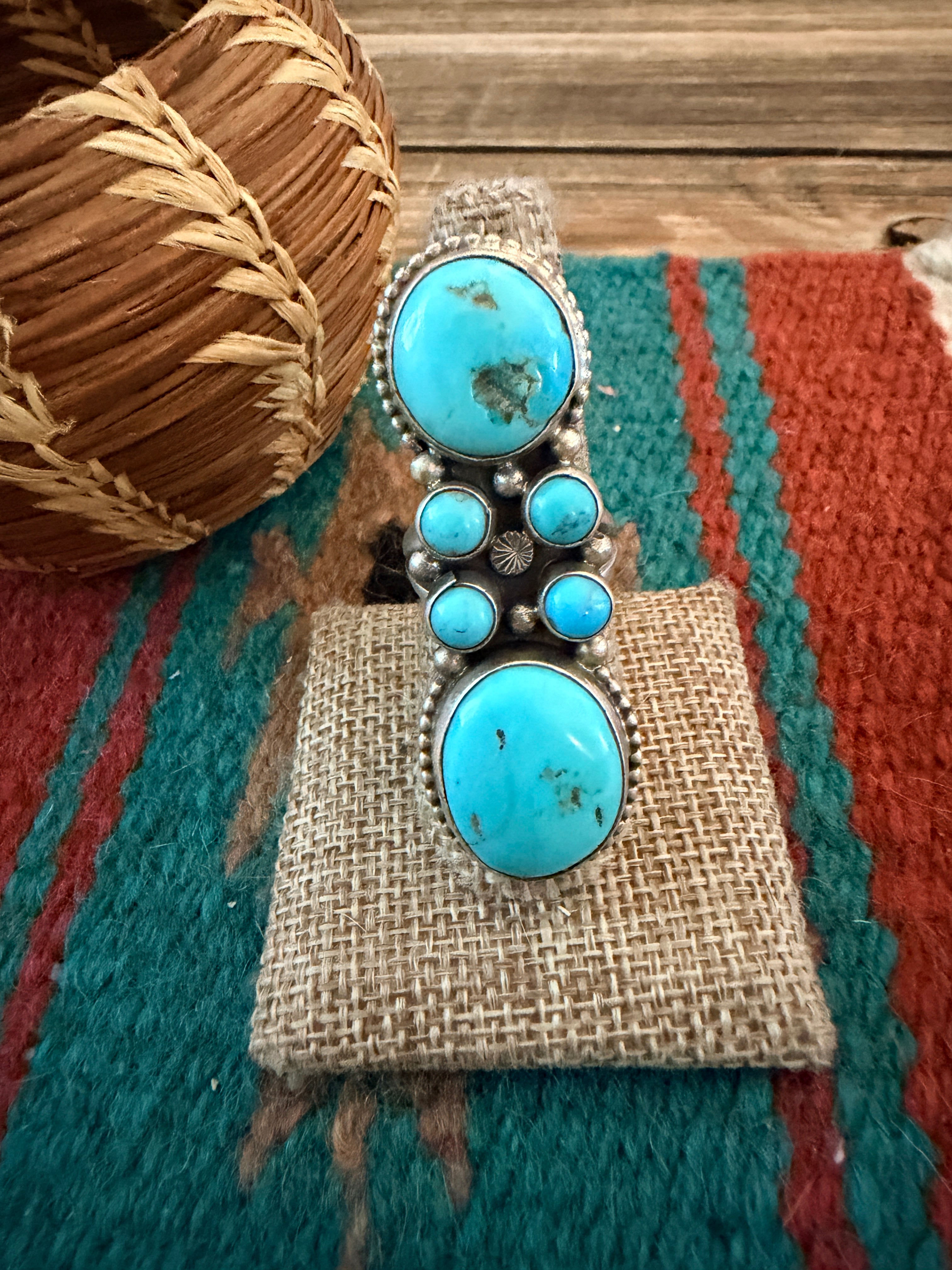Handcrafted Kingman Turquoise & Sterling Silver Cluster Ring Size 8 by Sheila Becenti