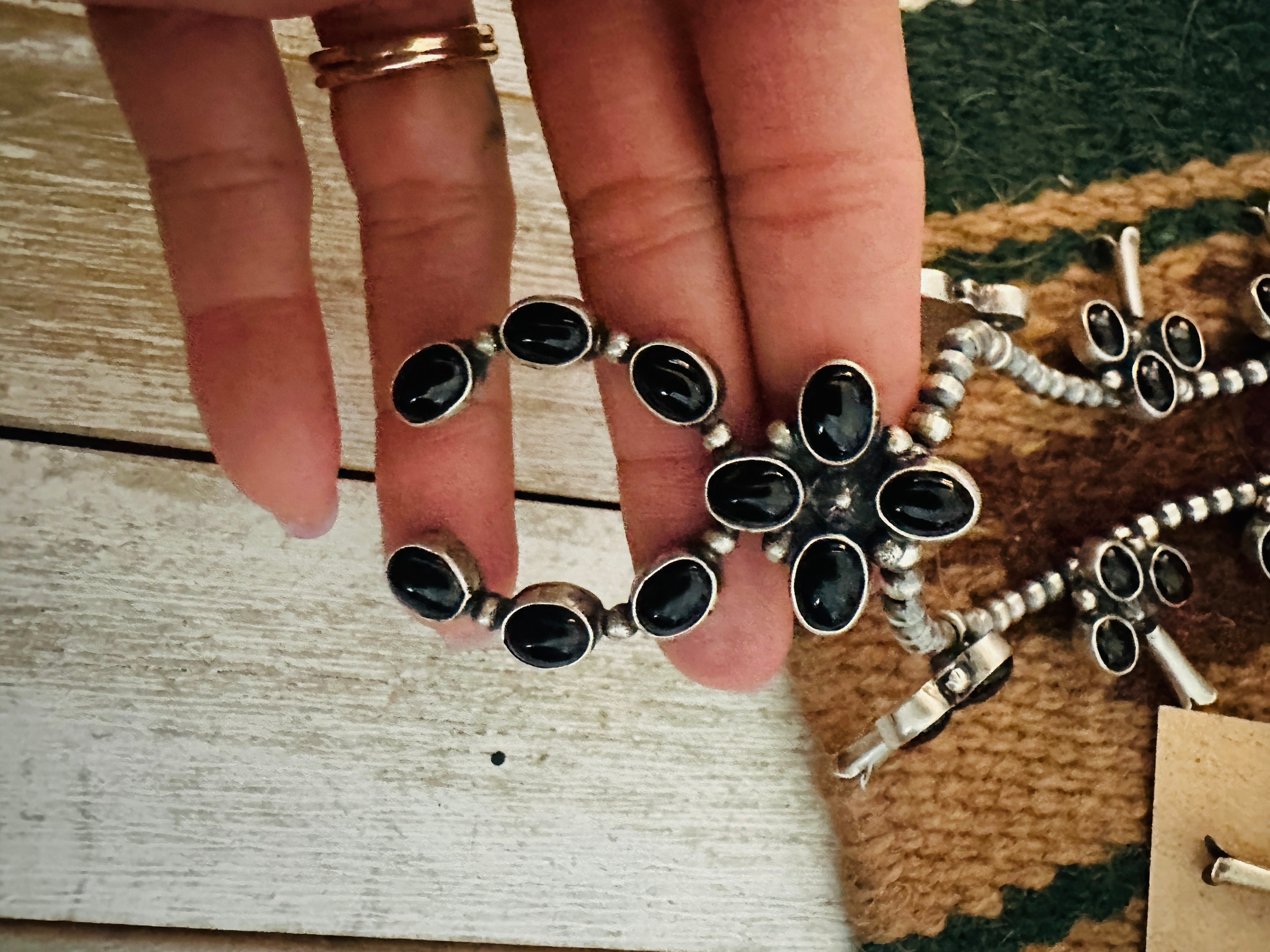 Navajo Sterling Silver & Onyx Beaded Squash Blossom Necklace Set