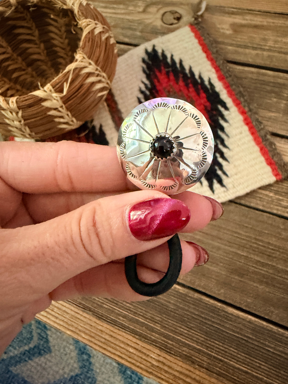 Handcrafted Onyx & Sterling Silver Concho Hair Tie Charm