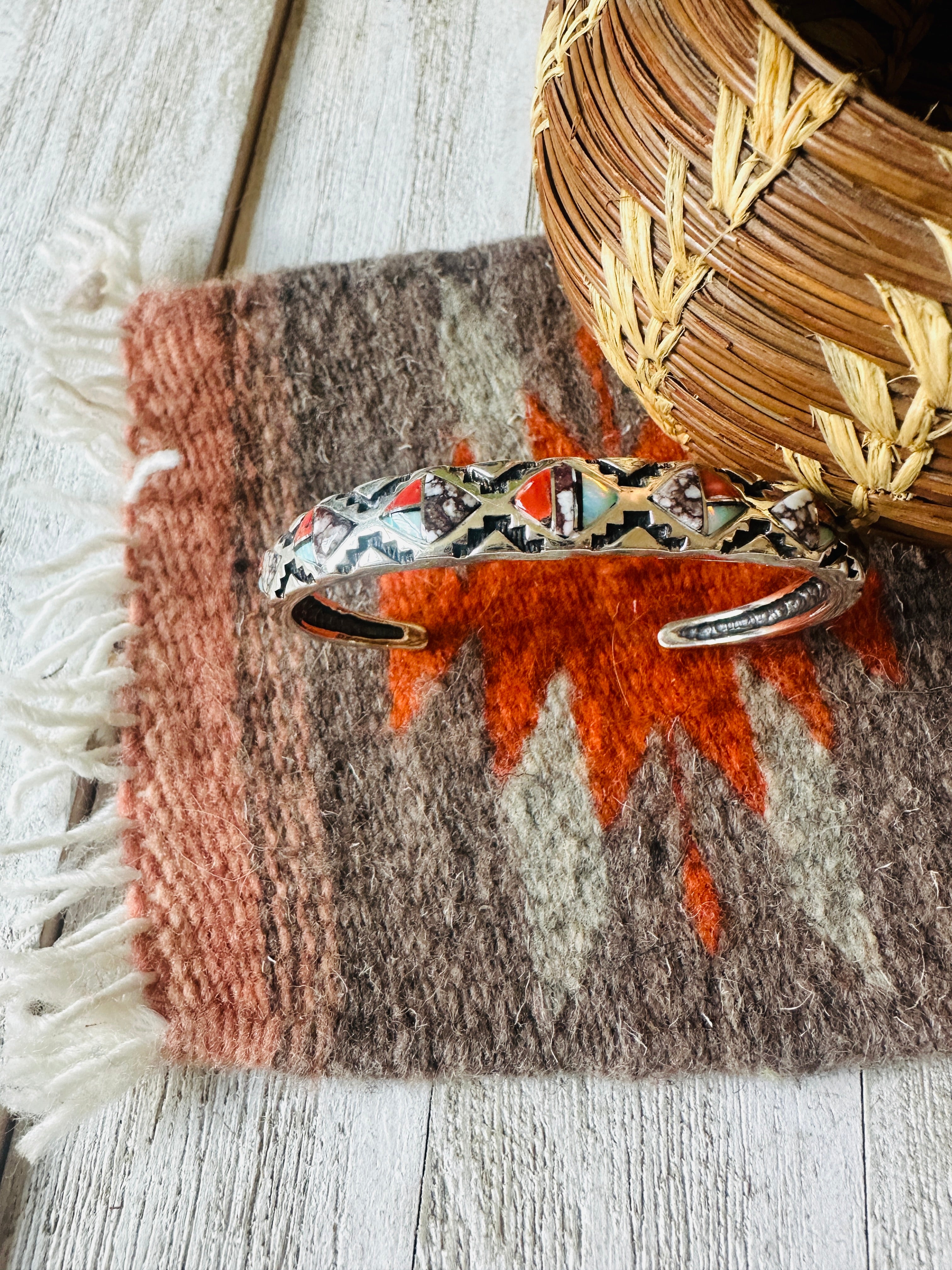 Navajo Multi Stone & Sterling Silver Inlay Cuff Bracelet