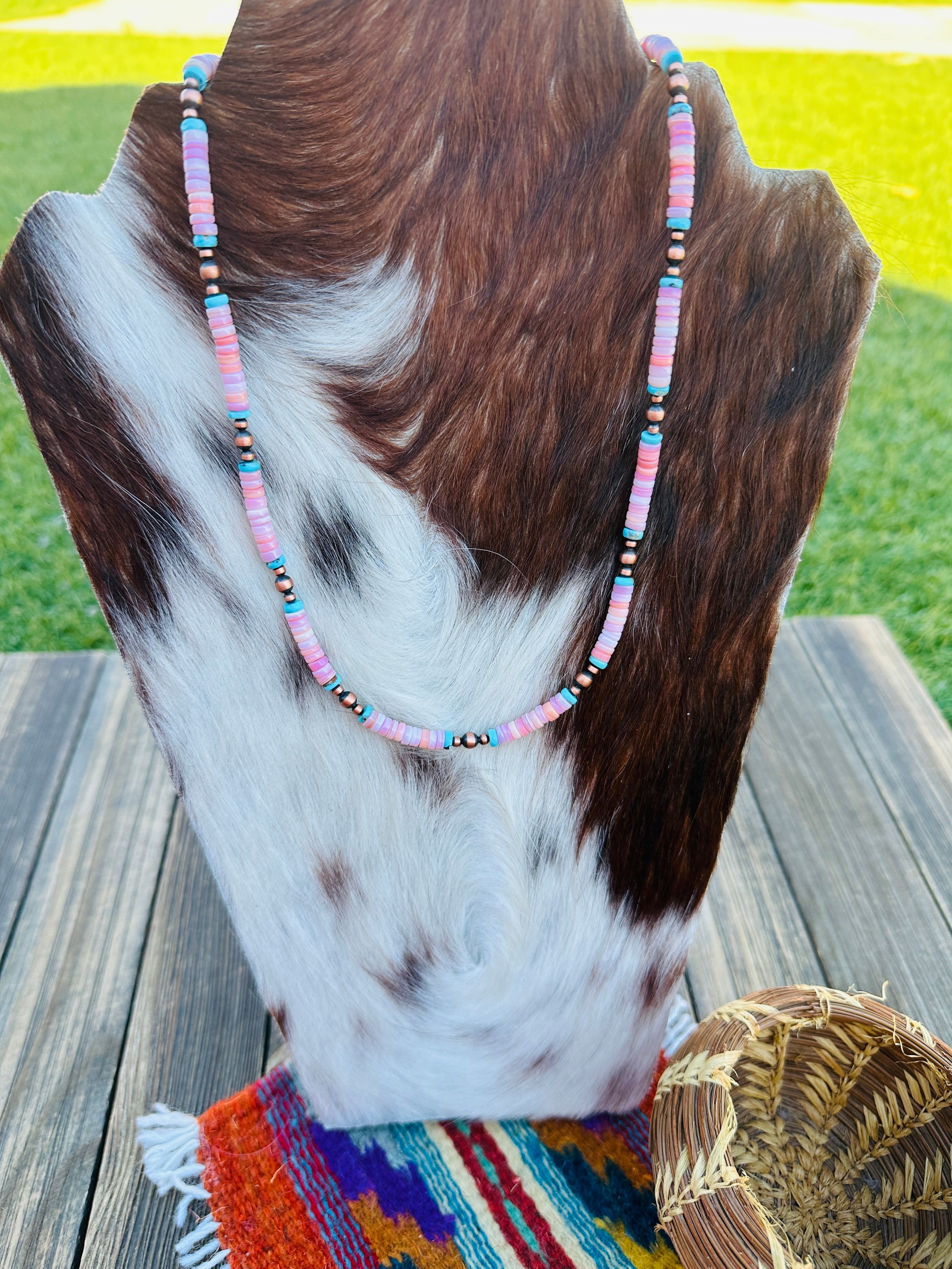 Handcrafted Queen Pink Conch, Turquoise & Copper 18” Beaded Necklace