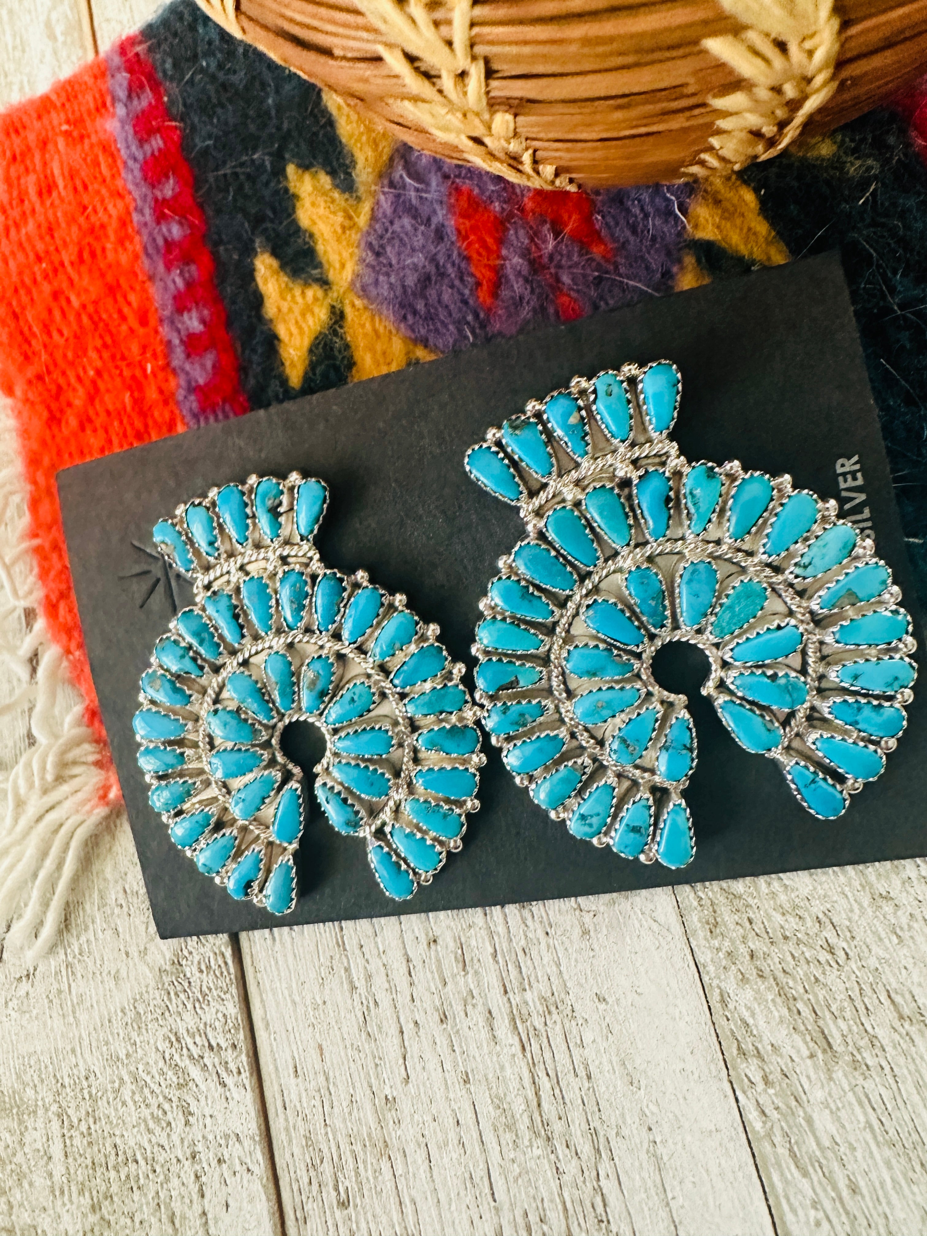 Navajo Sleeping Beauty Turquoise & Sterling Silver Cluster Post Earrings