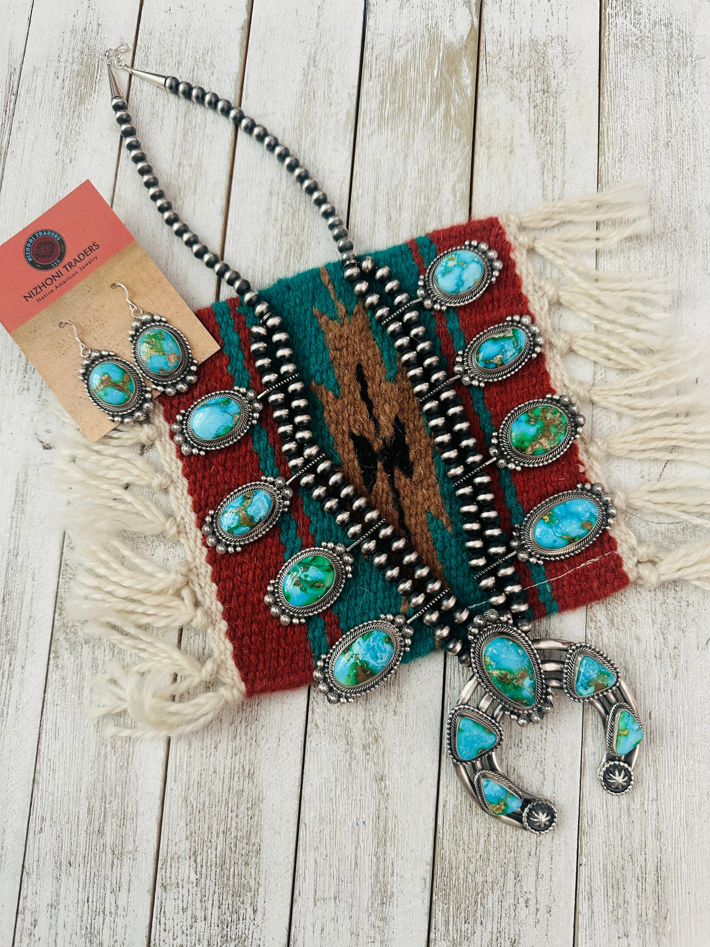 Navajo Sonoran Mountain Turquoise & Sterling Silver Squash Blossom Necklace Set