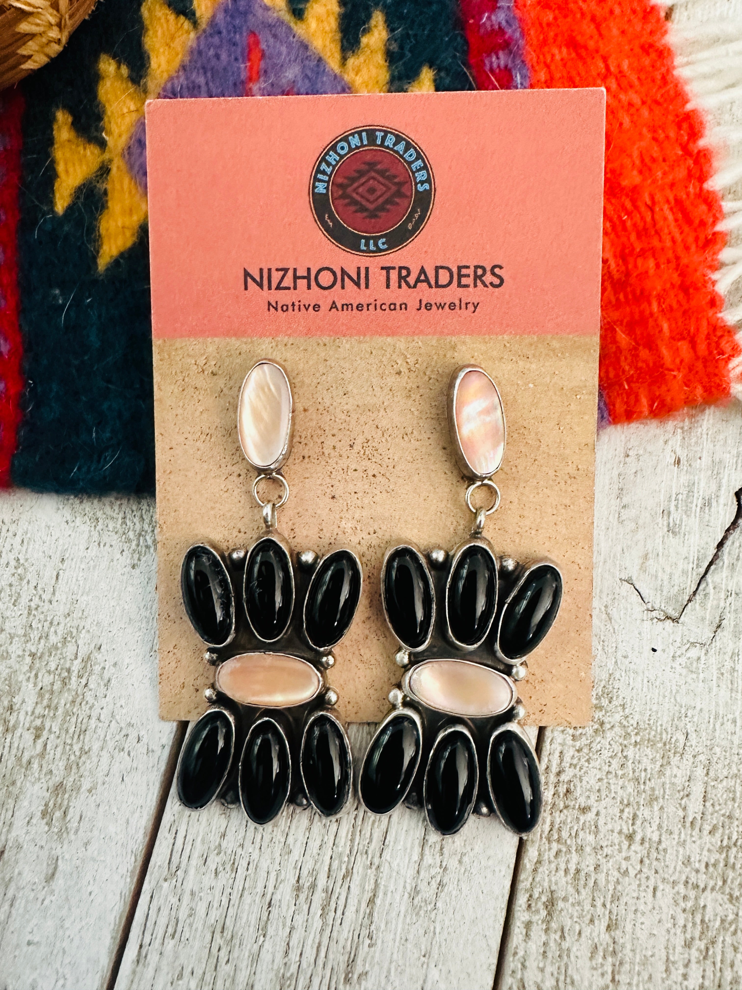 Navajo Mother of Pearl, Onyx & Sterling Silver Dangle Earrings