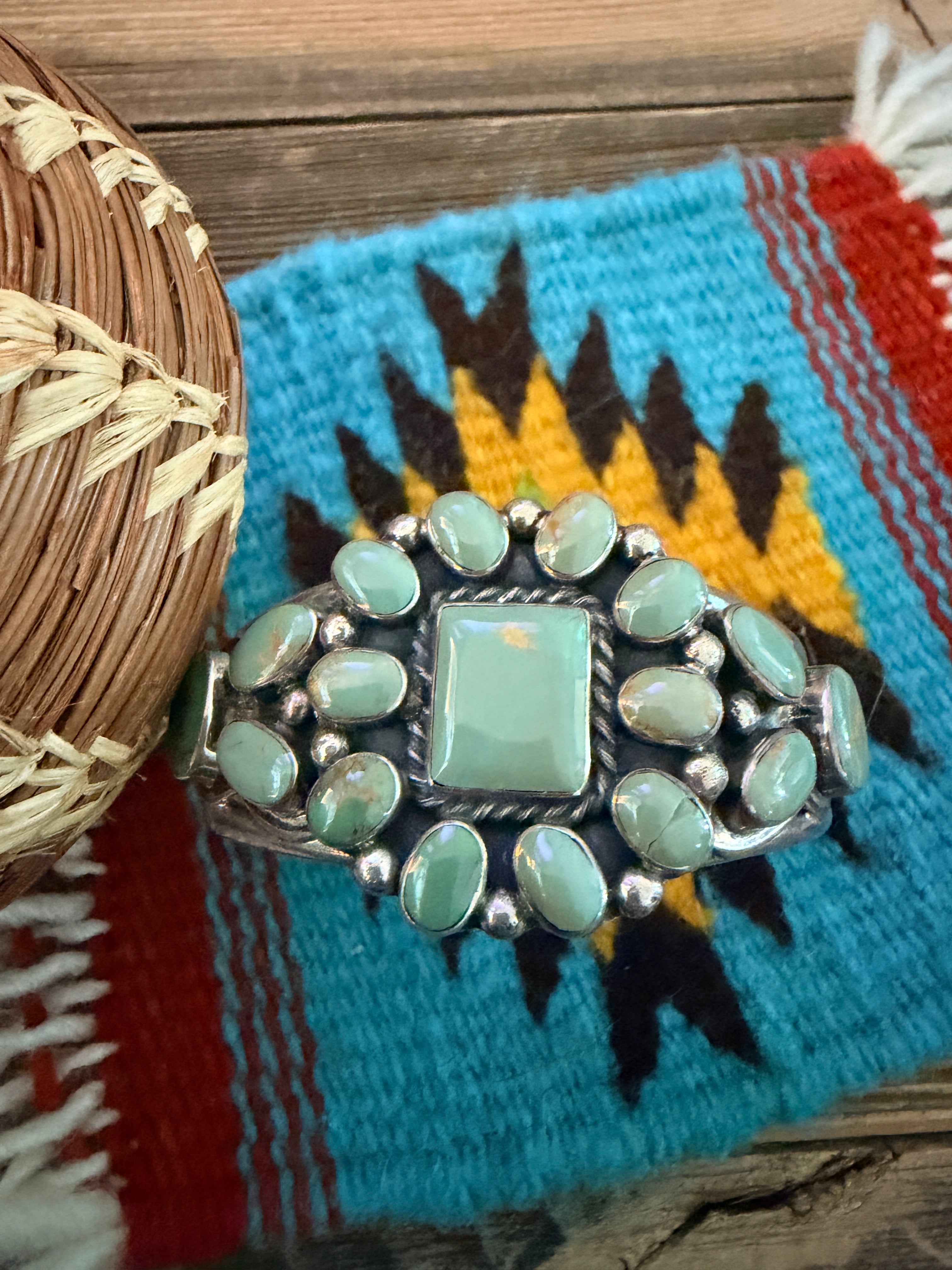 Handcrafted Sterling Silver & Carico Lake Turquoise Cluster Cuff Bracelet