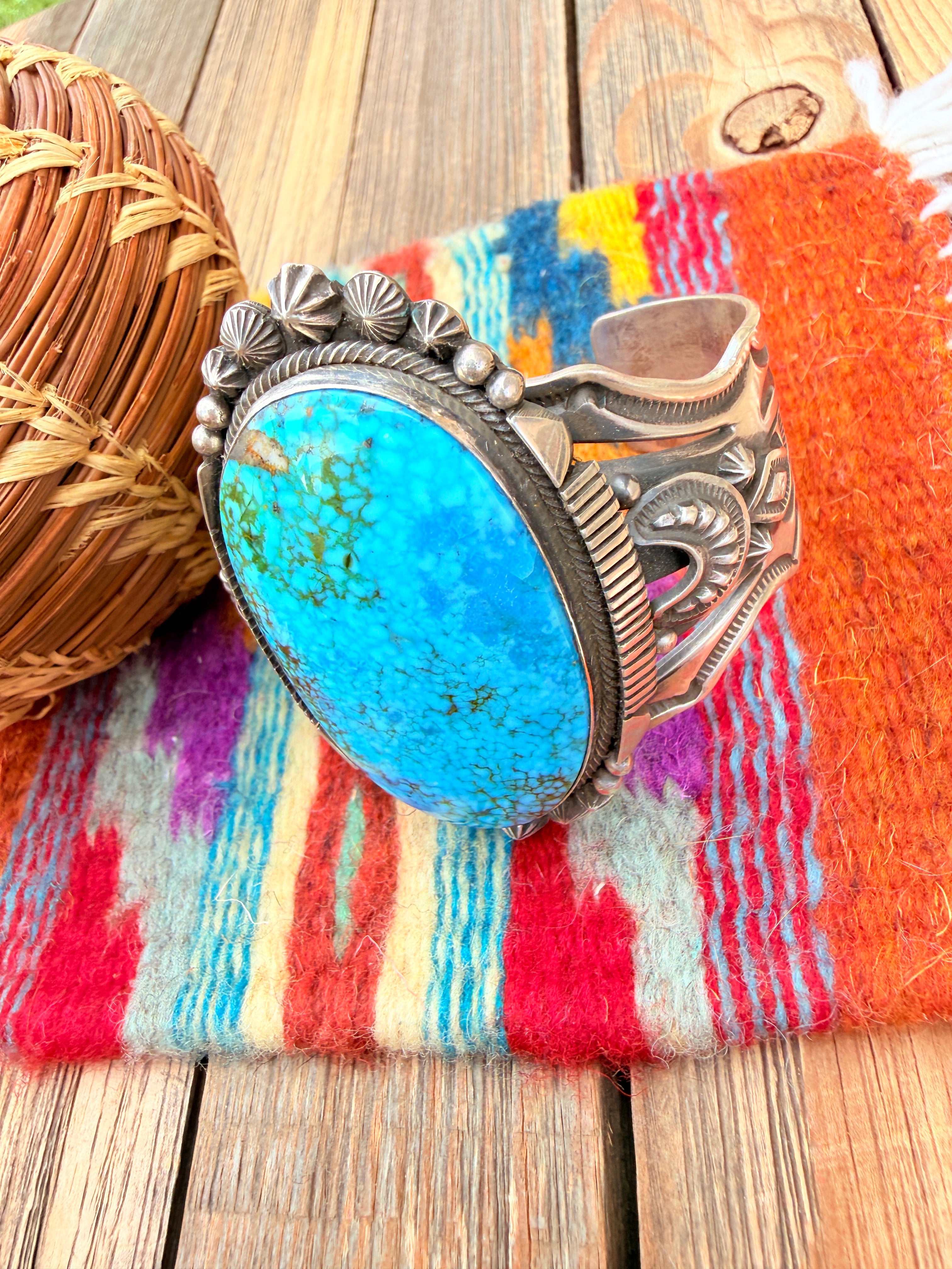 Handcrafted Kingman Web Turquoise & Sterling Silver Cuff Bracelet By Aaron Toadlena