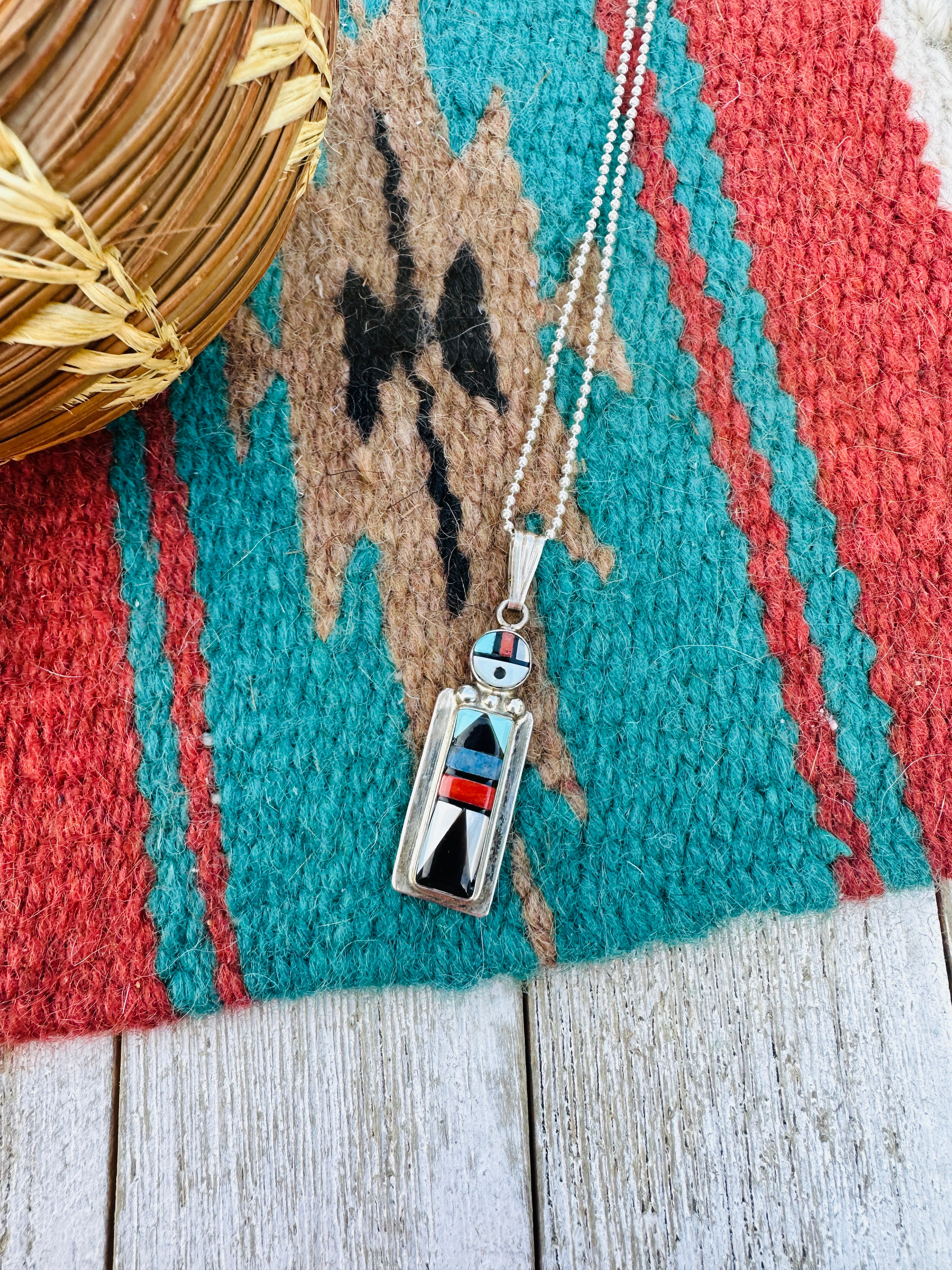 Handcrafted Sterling Silver and Multi Stone Inlay Sun Face Pendant