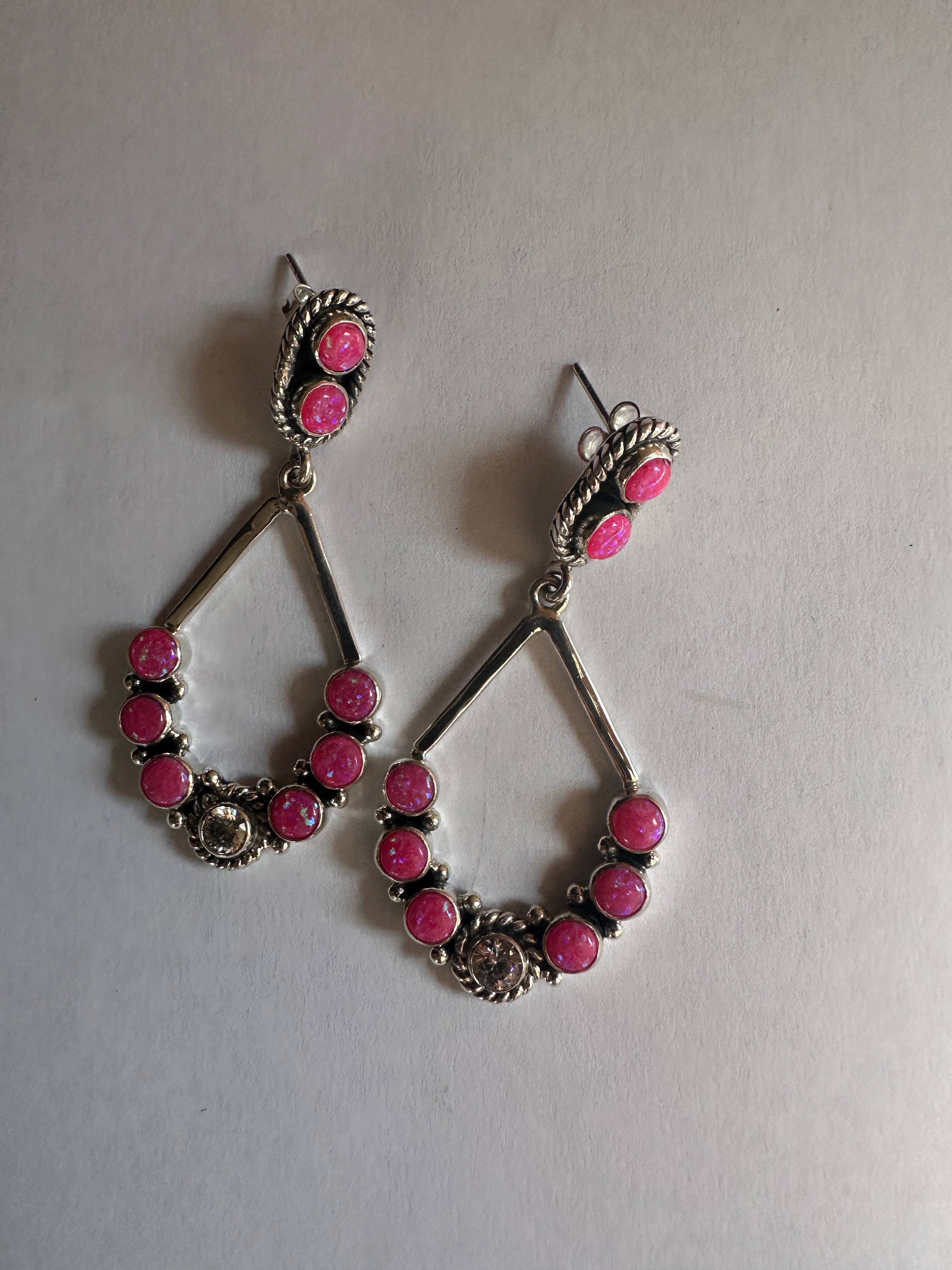 Handmade Hot Pink Fire Opal, CZ and Sterling Silver Handmade Dangles