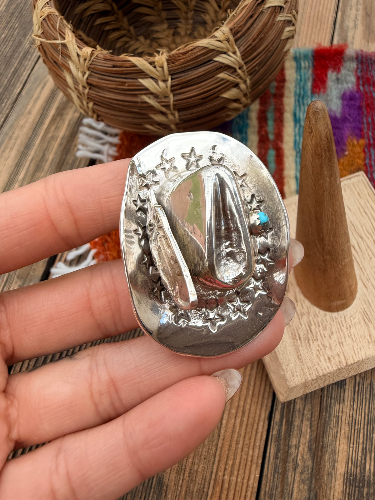 Handcrafted Turquoise and Sterling Silver Cowboy Hat Adjustable Ring