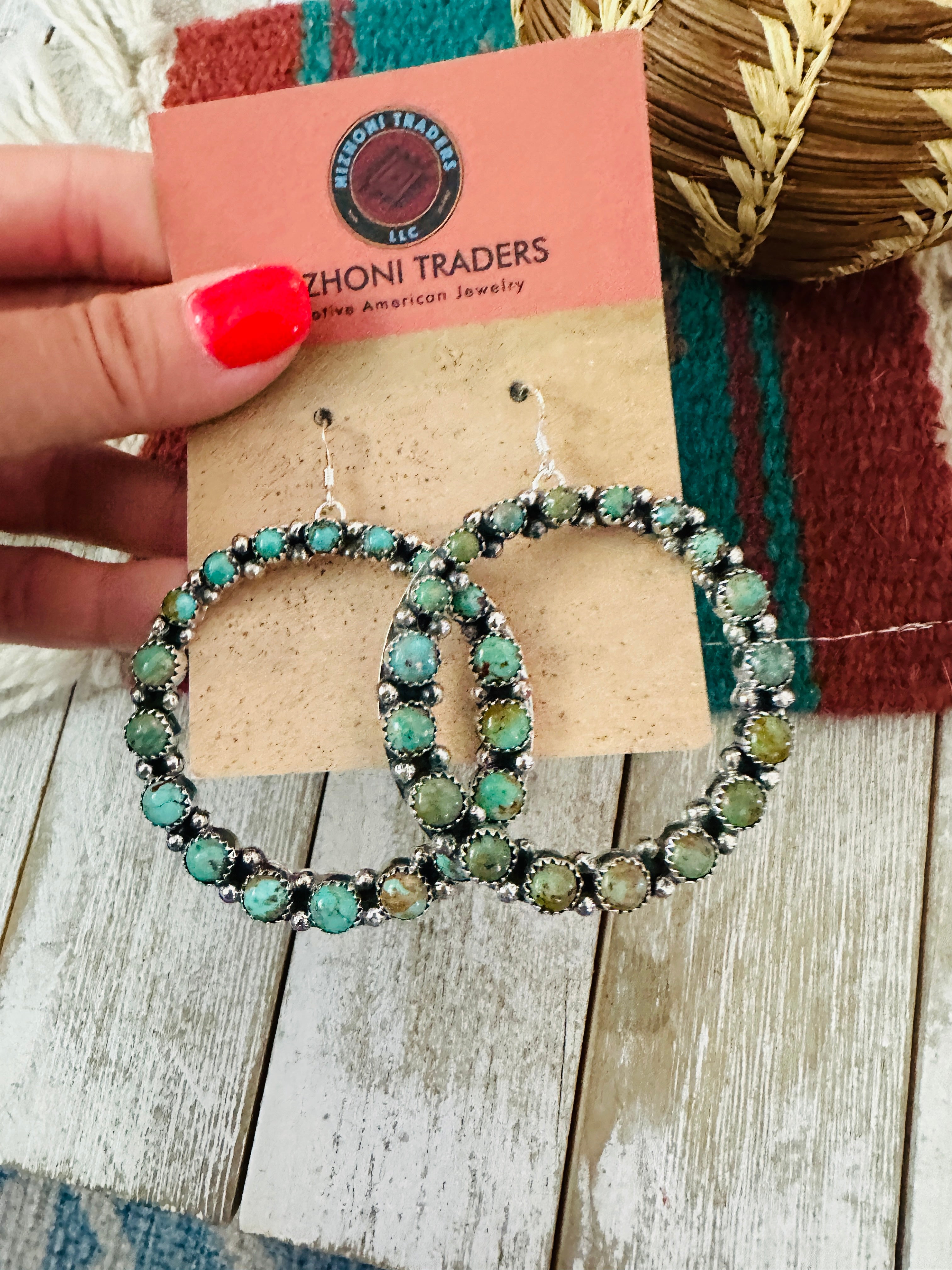 Navajo Turquoise and Sterling Silver Dangle Hoop Earrings