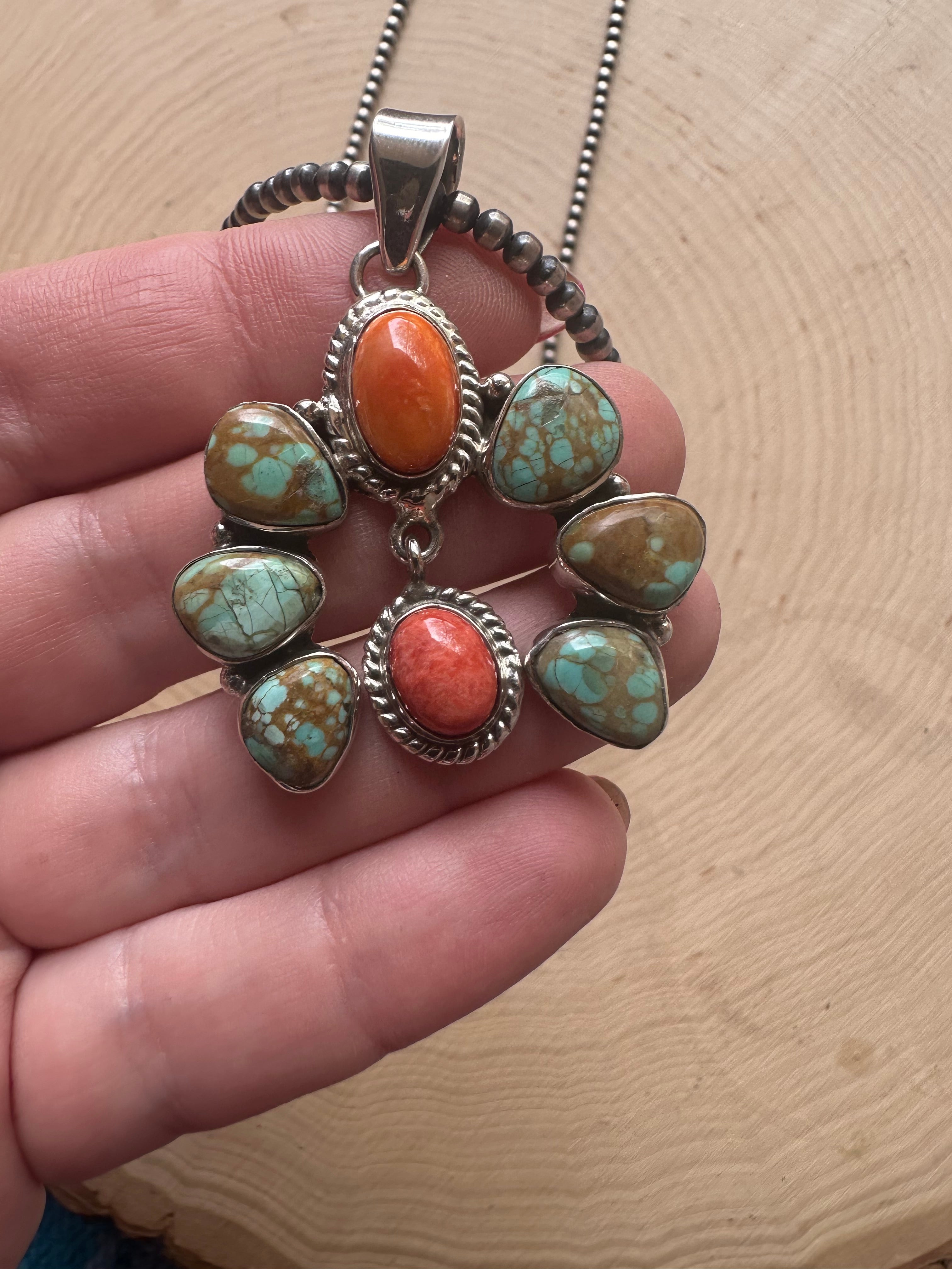 Handmade Turquoise, Orange & Red Spiny & Sterling Silver Naja Pendant Signed Nizhoni