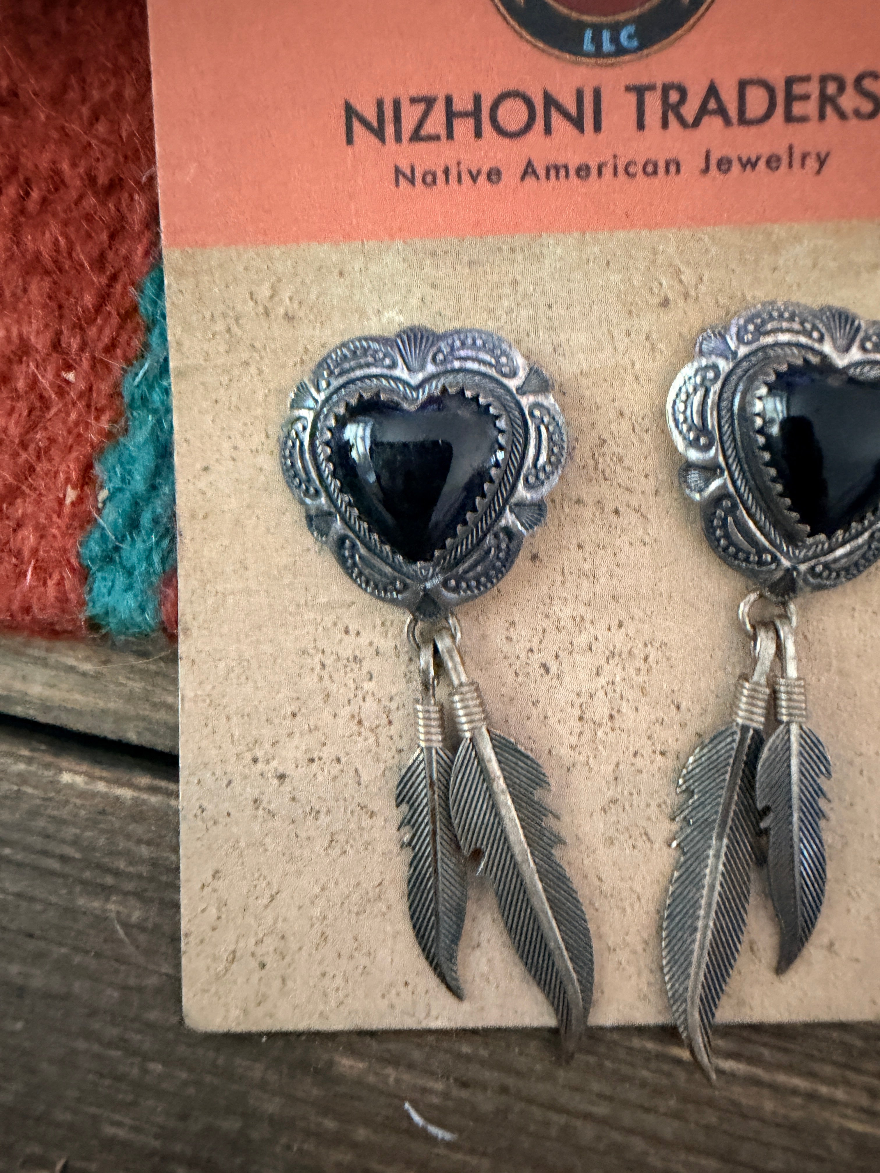 Old Pawn Vintage Handcrafted Onyx & Sterling Silver Heart Dangle Earrings