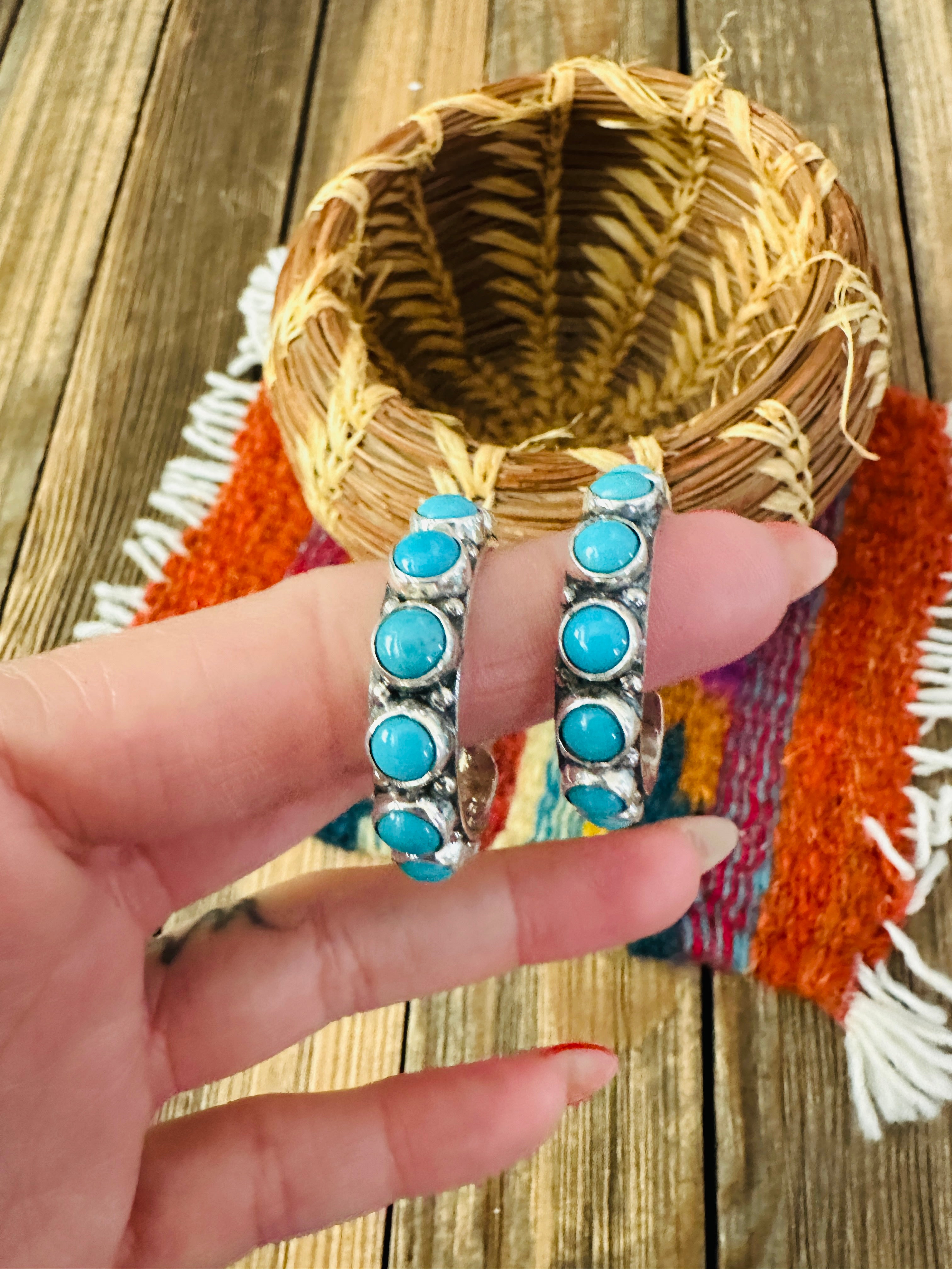 Handcrafted Turquoise & Sterling Silver Hoop Earrings by Federico Jimenez