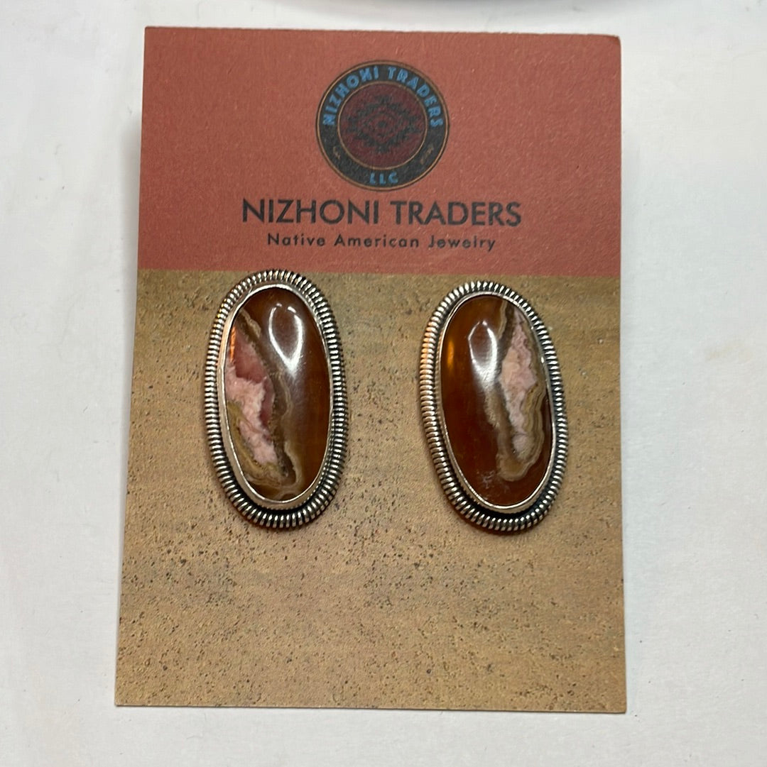 Navajo Sterling Silver & Rhodochrosite Stone Post Earrings