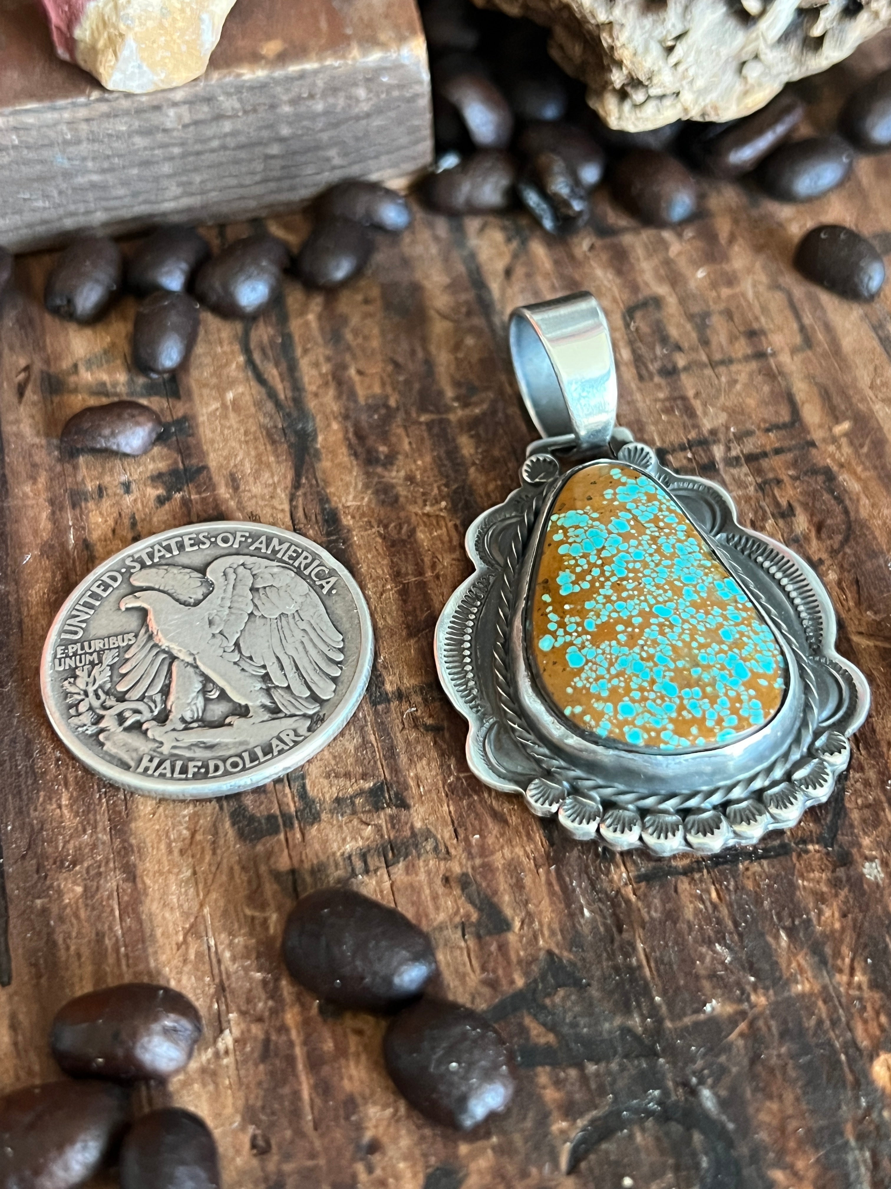 Hand Stamped Sterling Silver & Number 8 Turquoise Pendant by Kimari So