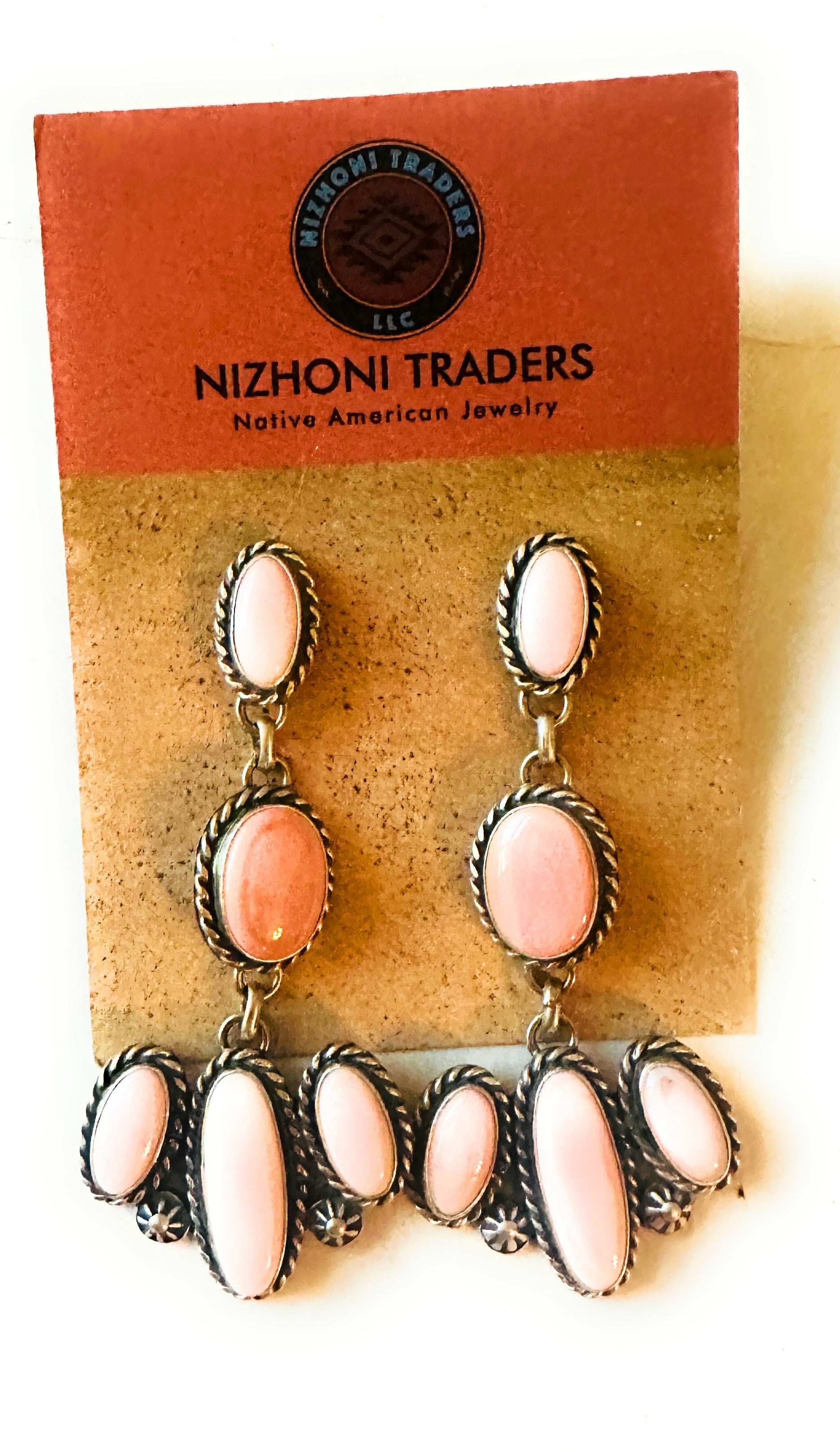 Navajo Queen Pink Conch & Sterling Silver Dangle Earrings