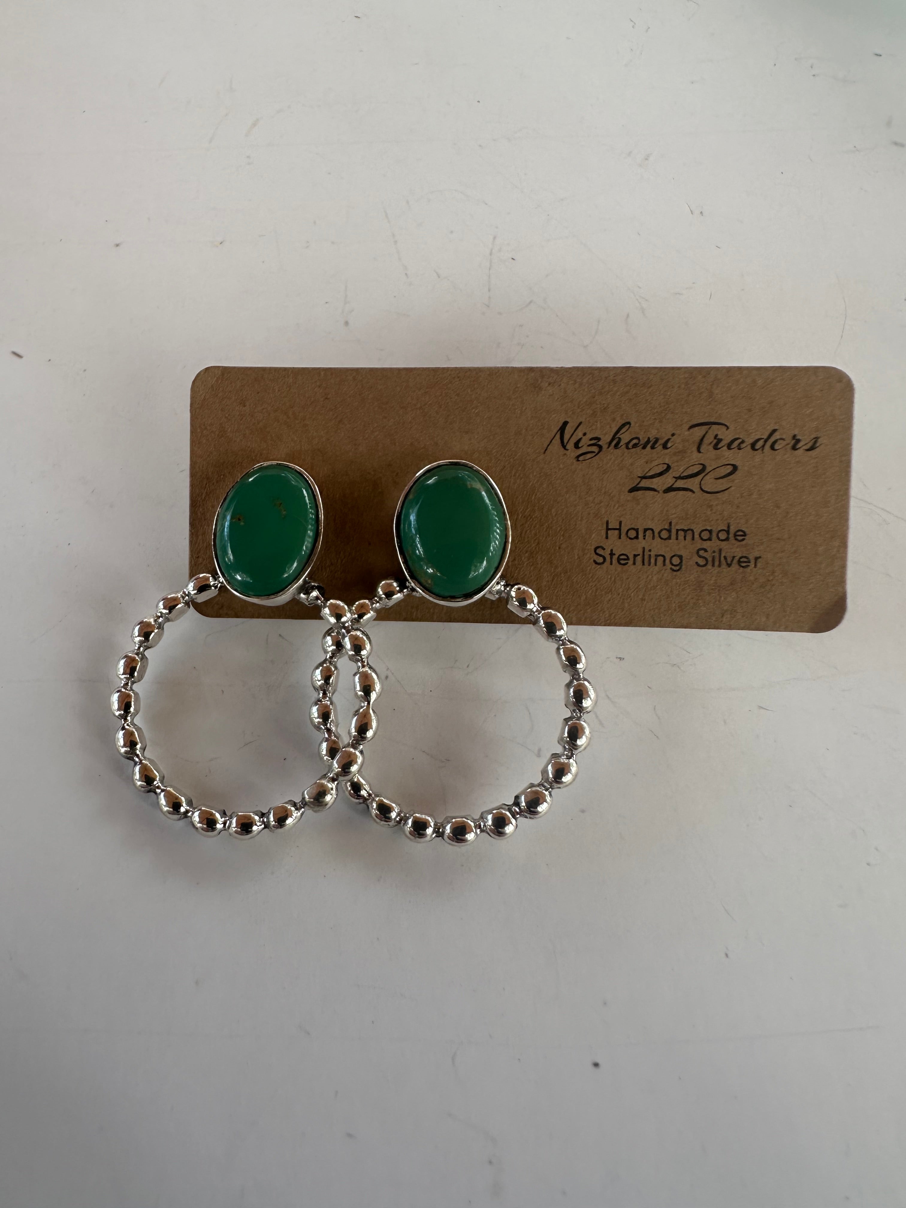 Handmade Turquoise & Sterling Silver Hoop Earrings GREEN TONES