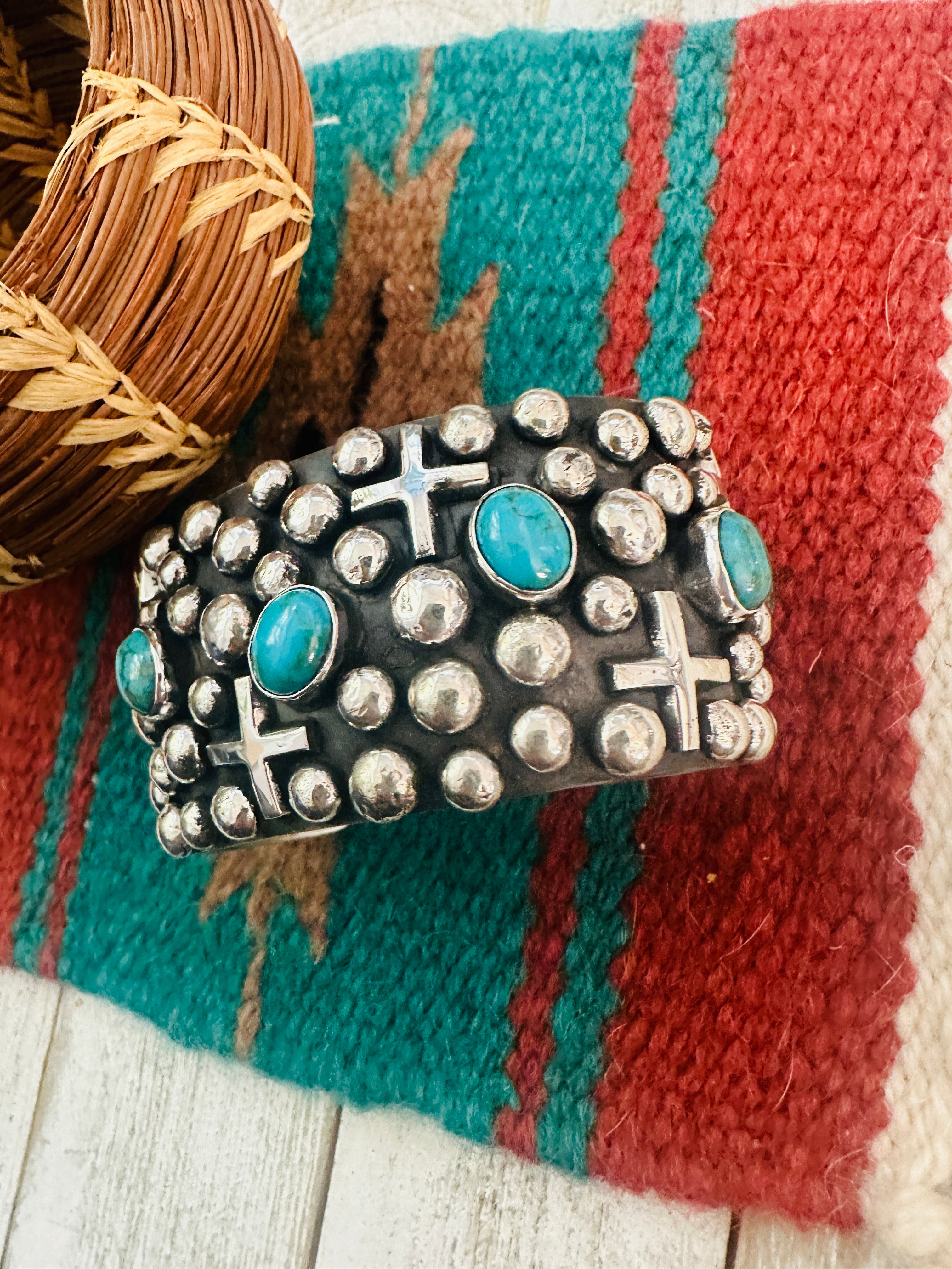 Navajo Turquoise & Sterling Silver Cross Cuff Bracelet By Chimney Butte