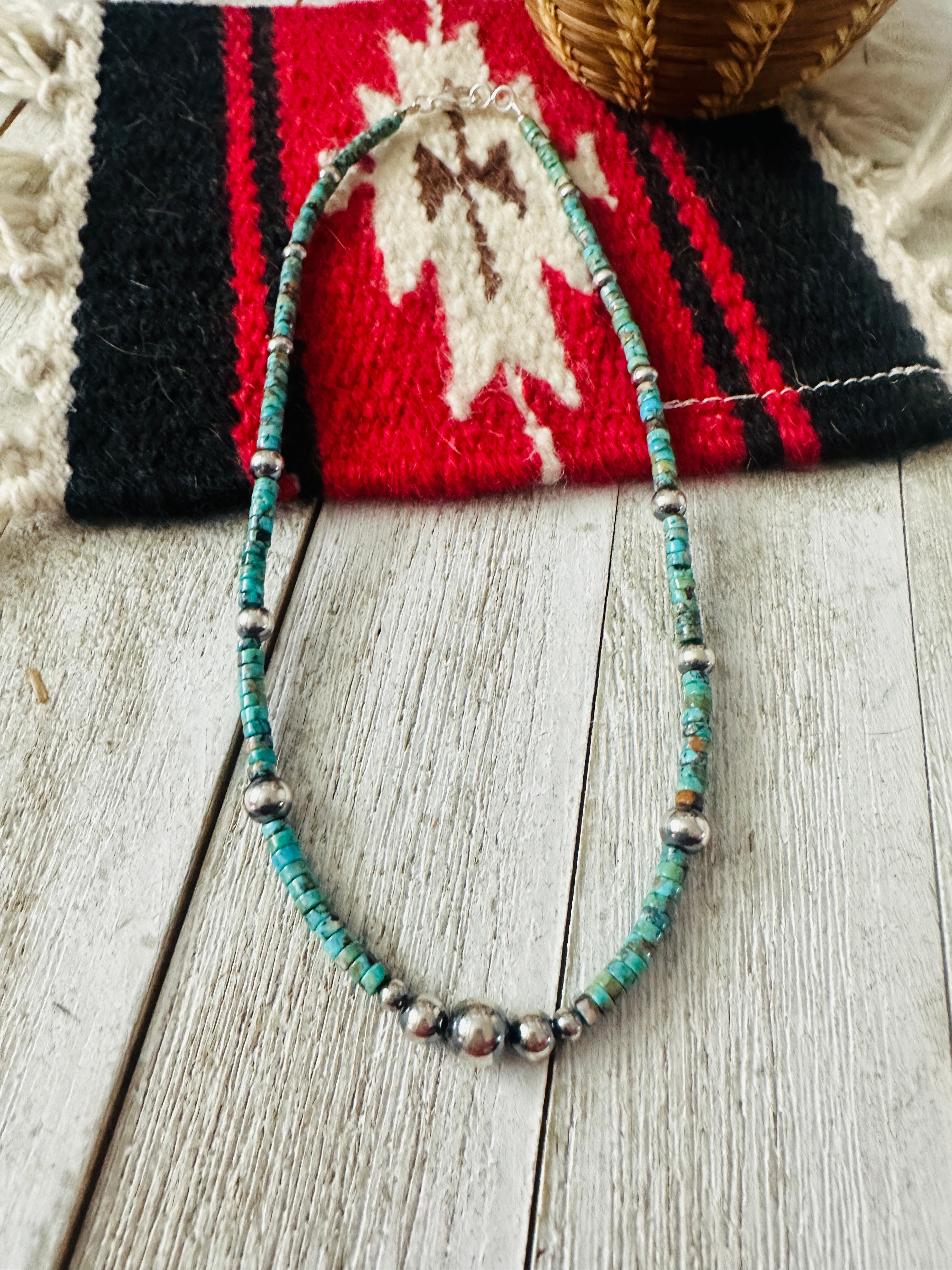 Navajo Turquoise & Sterling Silver 18” Beaded Necklace