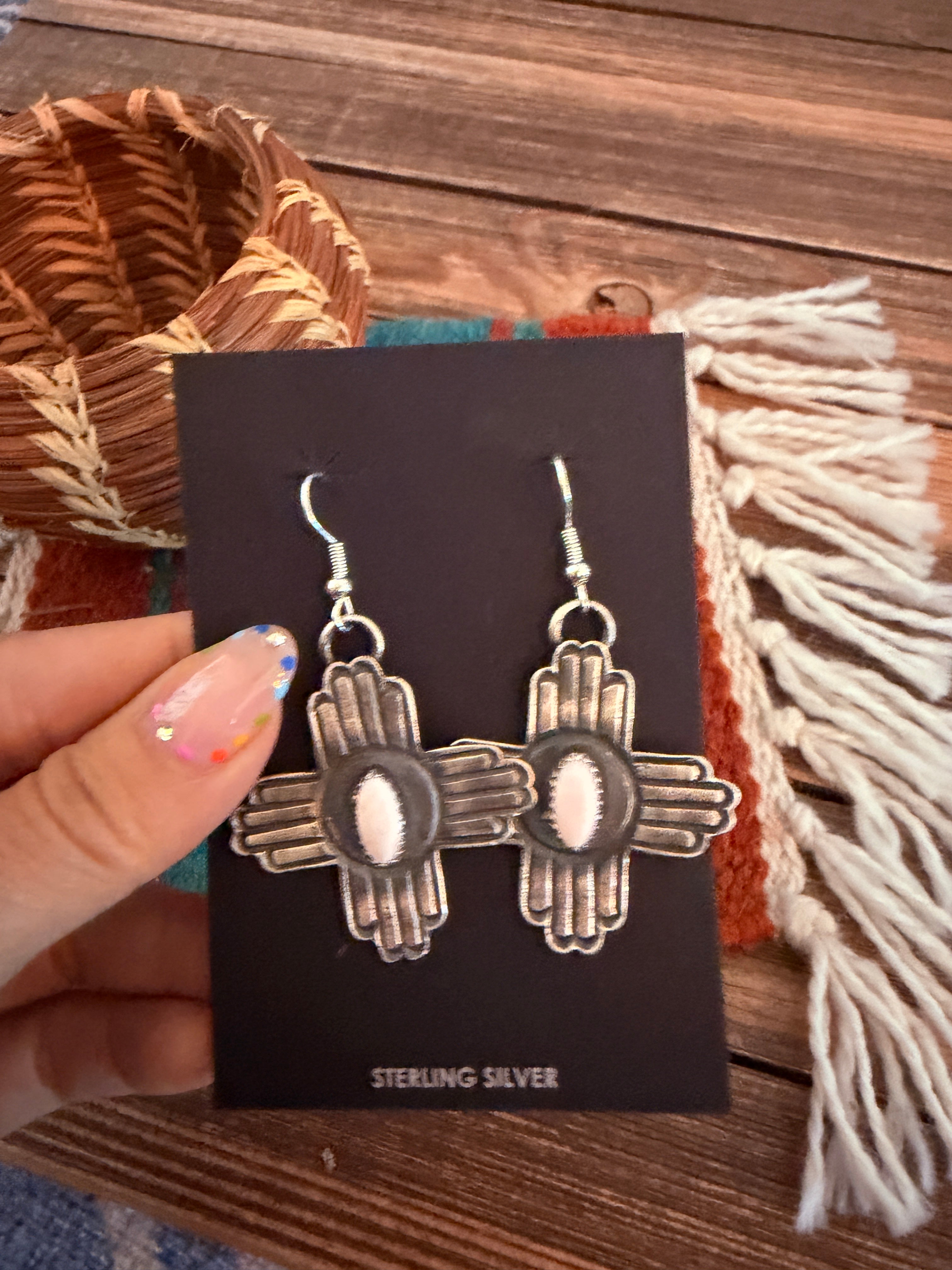 Handcrafted Queen Pink Conch & Sterling Silver Zia Cross Dangle Earrings by Kevin Billah