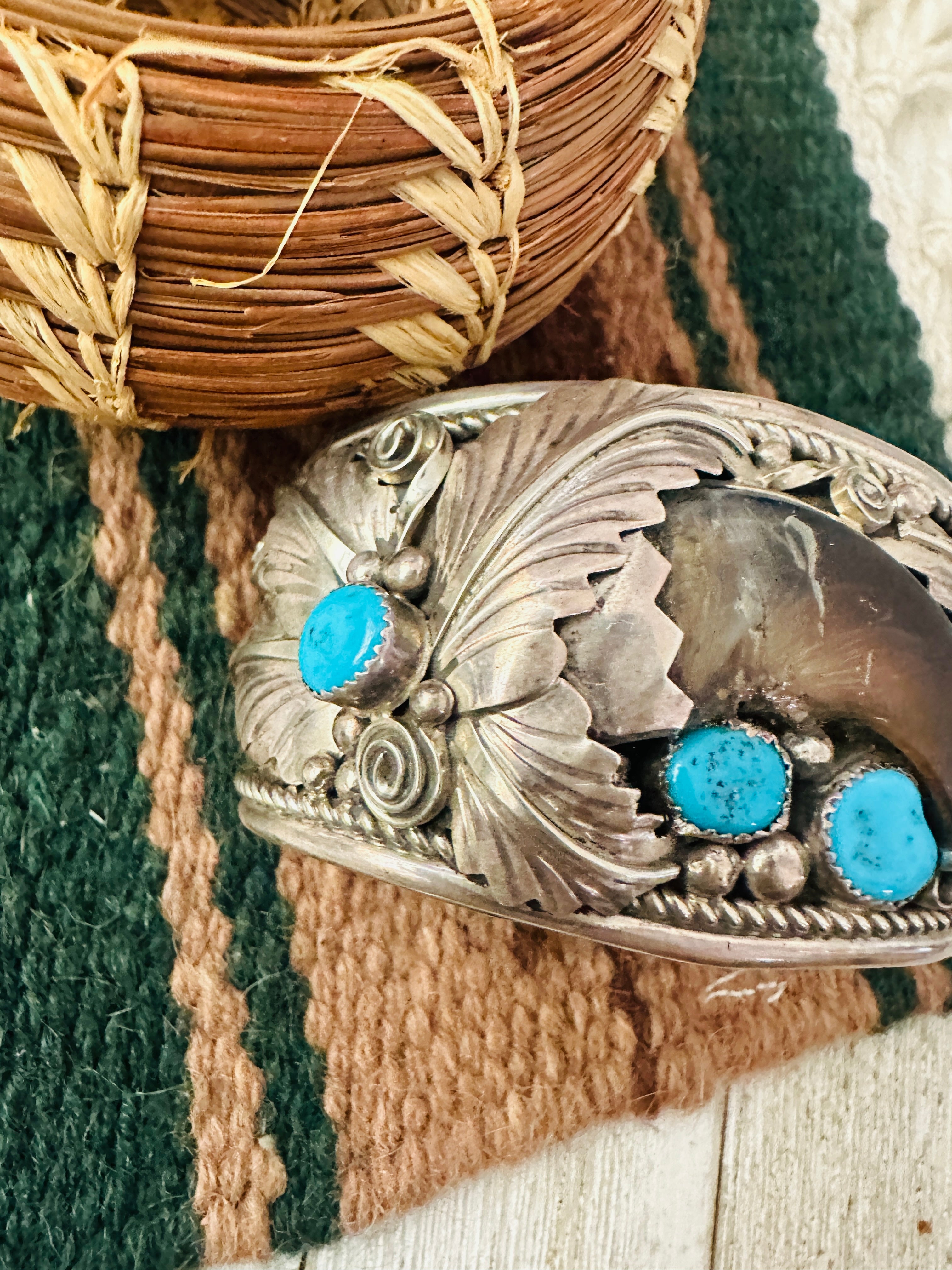 Handcrafted Old Pawn Turquoise, Coral & Sterling Silver Cuff Bracelet